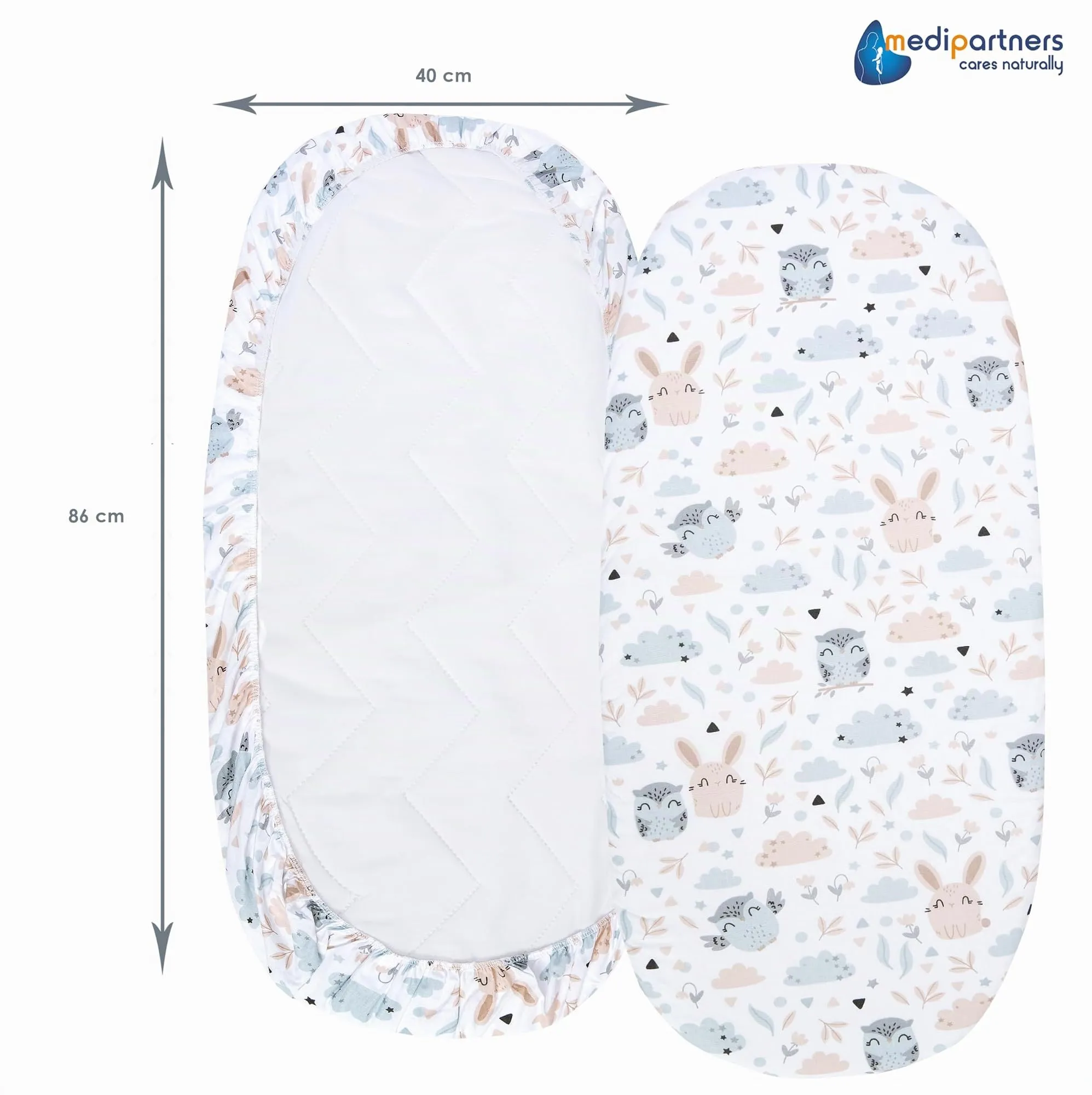 Medi Partners Lenzuola Lettino Culla 86x40 Set 3, 100% Cotone, Radura con Animali-Bianco-Grigio - immagine 4