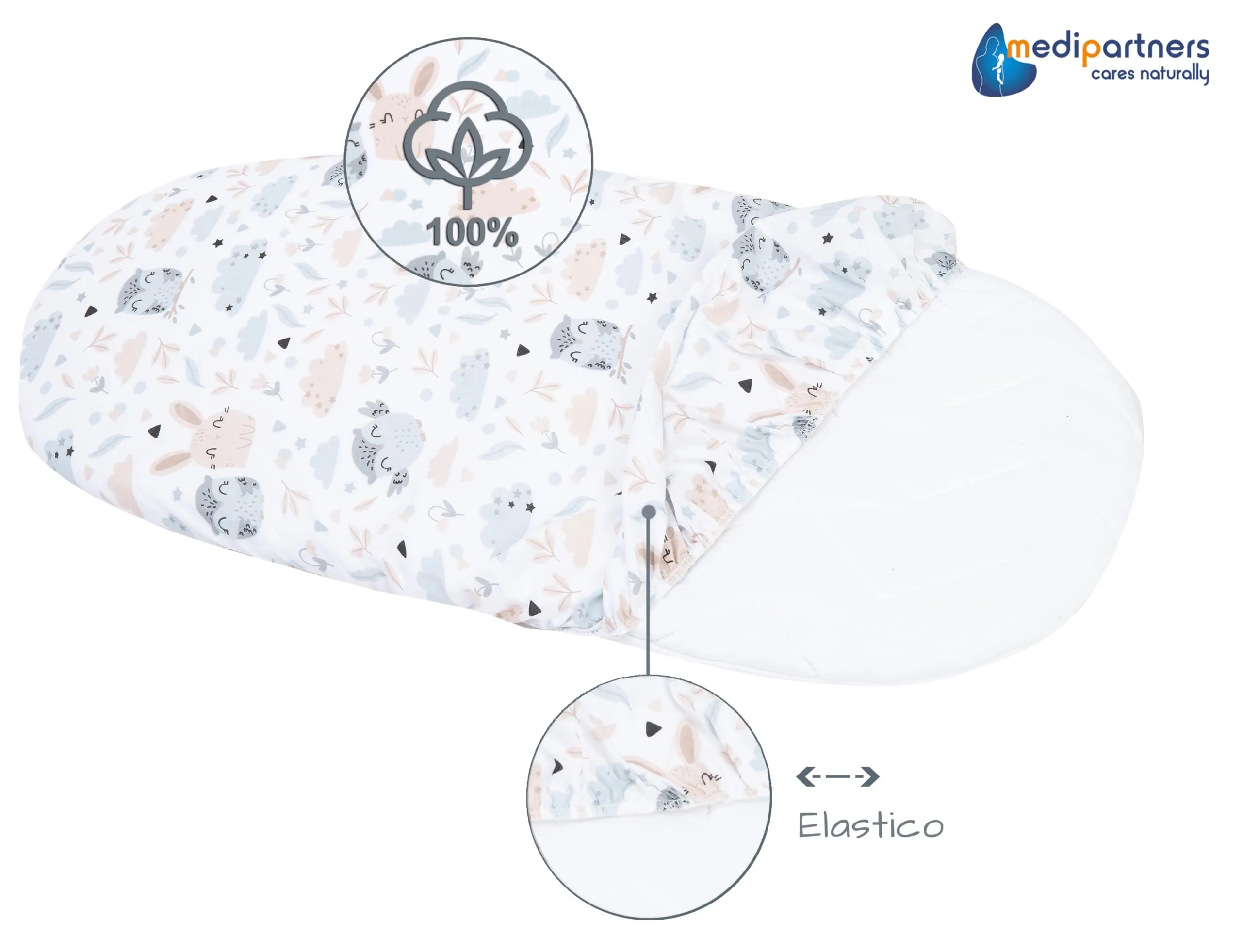 Medi Partners Lenzuola Lettino Culla 86x40 Set 3, 100% Cotone, Radura con Animali-Bianco-Grigio - immagine 5