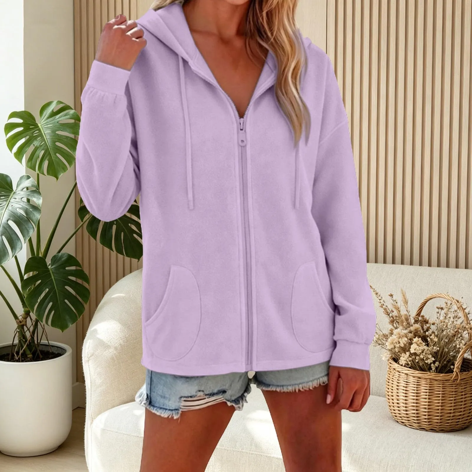 Viunychn Felpa Donna con Zip e Cappuccio in Cotone, Taglio Oversize, Tinta Unita - immagine 5
