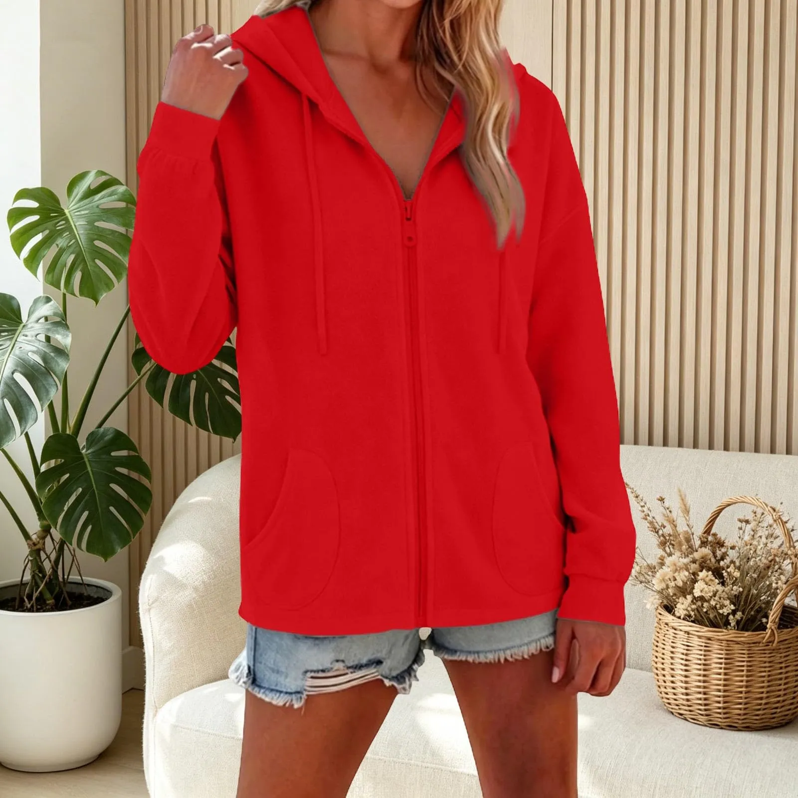 Viunychn Felpa Donna con Zip e Cappuccio in Cotone Oversize Tinta Unita - immagine 4