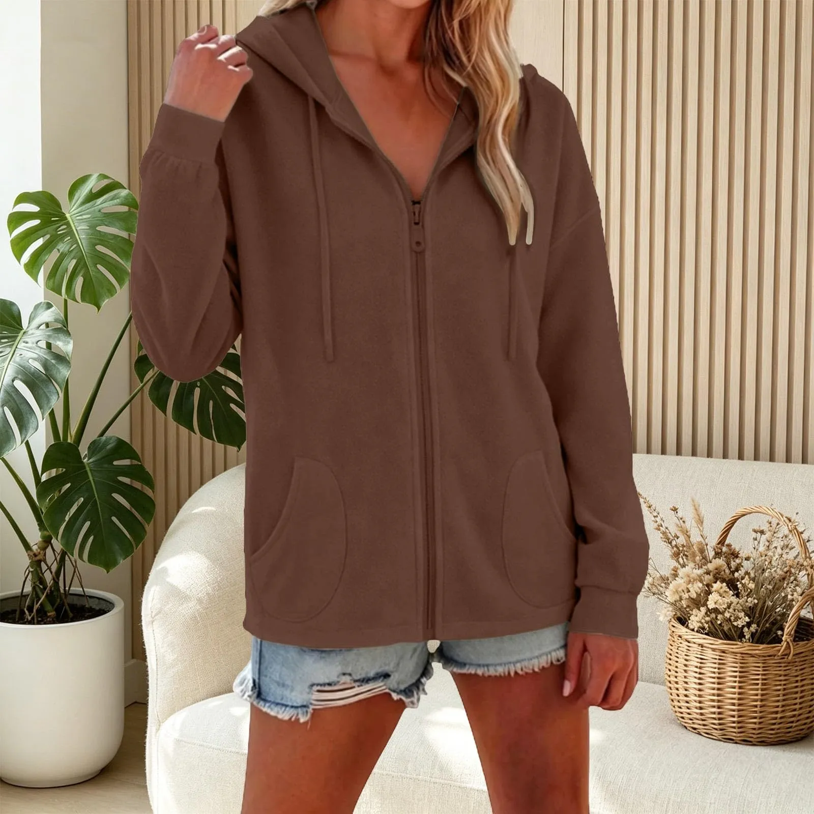 Viunychn Felpa Donna con Zip e Cappuccio in Cotone, Taglio Oversize, Tinta Unita - immagine 4