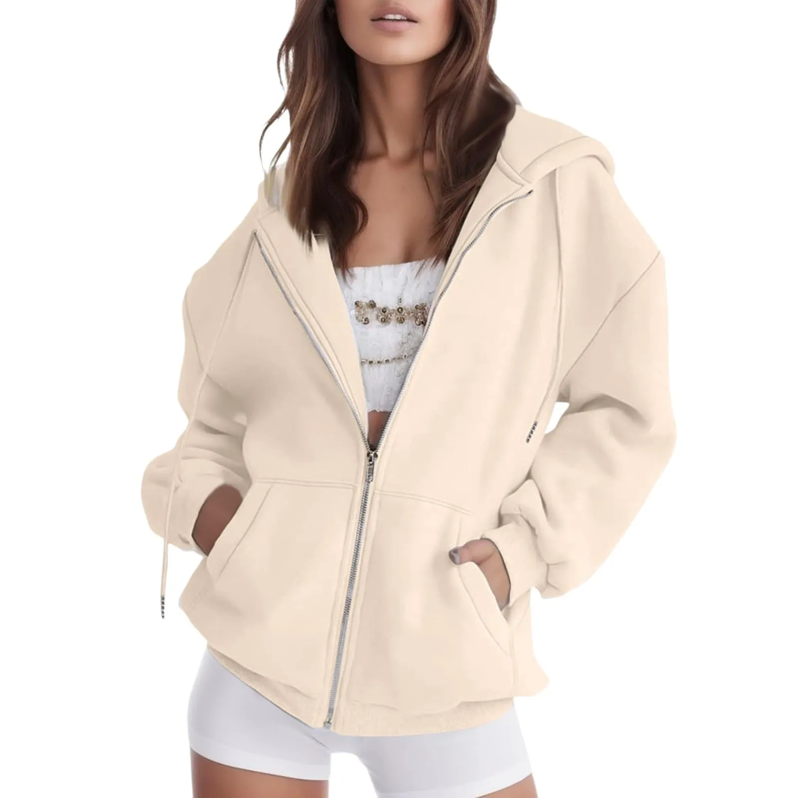 Viunychn Felpa Donna con Zip e Cappuccio in Cotone Oversize Tinta Unita - immagine 1