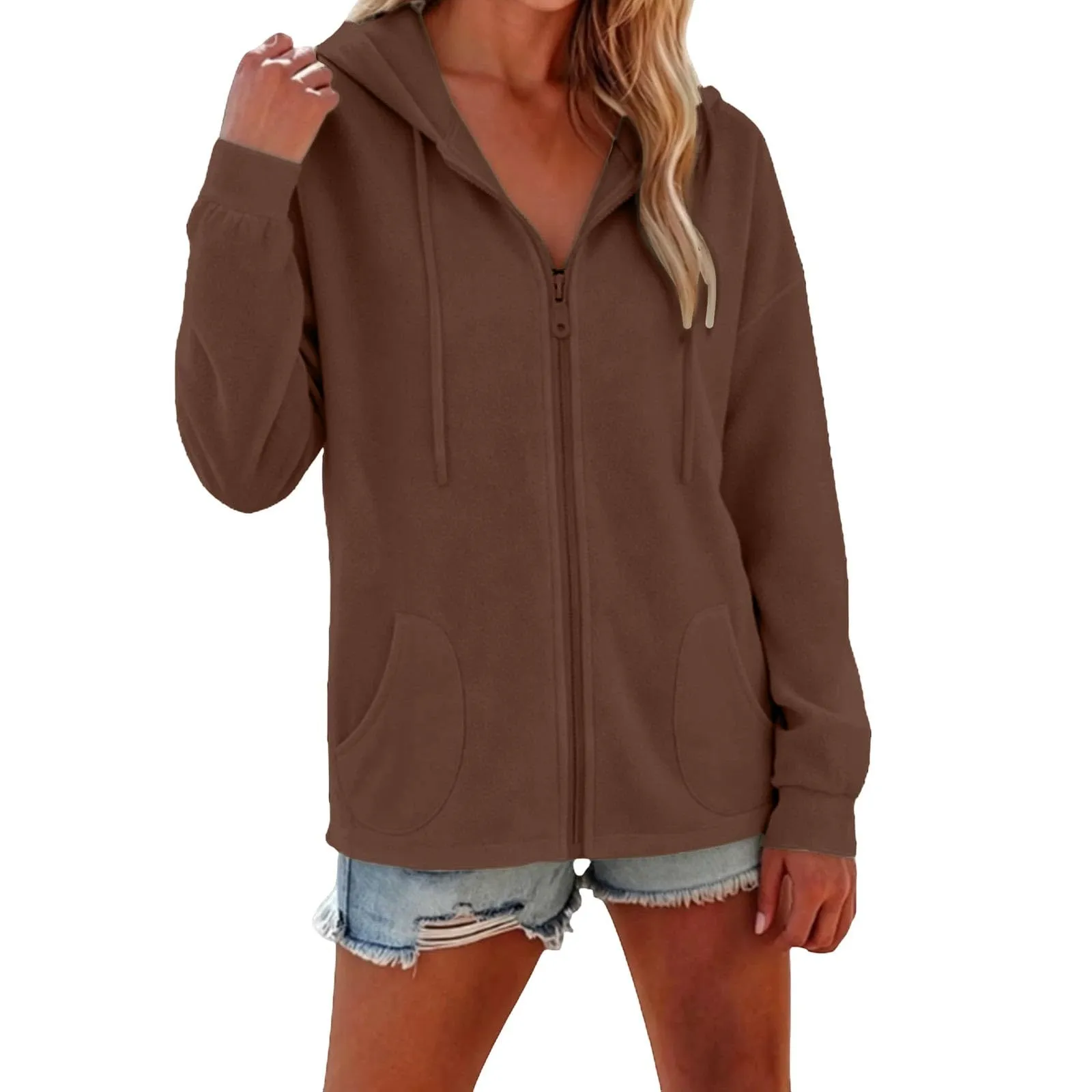 Viunychn Felpa Donna con Zip e Cappuccio in Cotone, Oversize, Tinta Unita - immagine 2