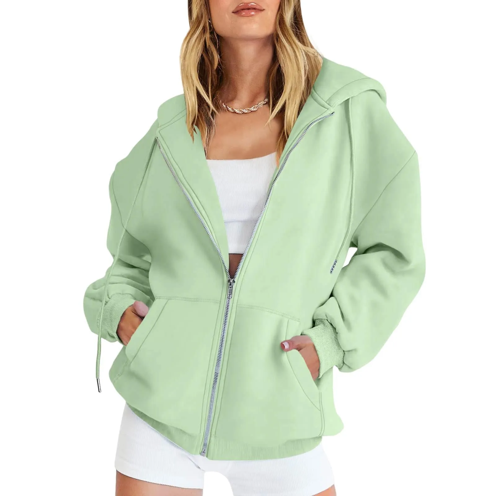 Viunychn Felpa Donna con Zip e Cappuccio in Cotone, Taglio Oversize, Tinta Unita - immagine 1