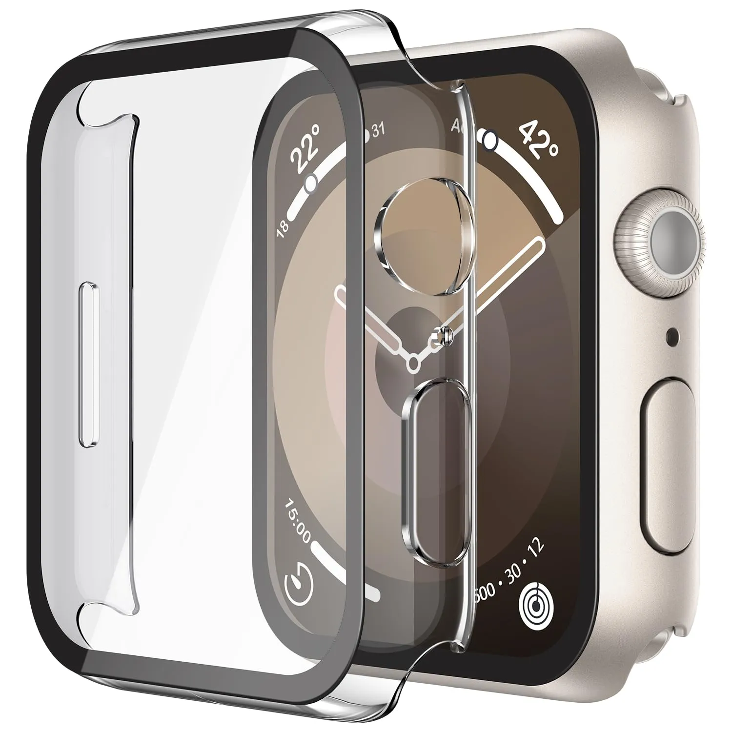 Misxi 2 Pezzi Cover in PC e Vetro Temperato per Apple Watch Serie 9 8 7 41mm, 1 Luce Stellare + 1 Trasparente - immagine 1