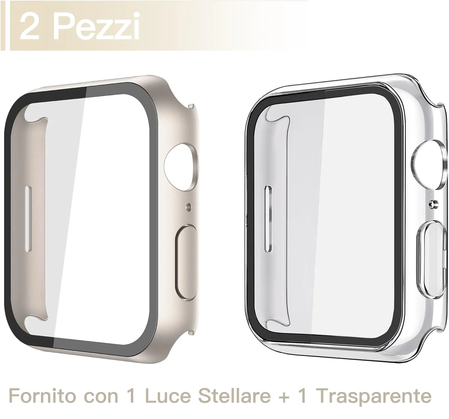 Misxi 2 Pezzi Cover in PC e Vetro Temperato per Apple Watch Serie 9 8 7 41mm, 1 Luce Stellare + 1 Trasparente - immagine 2