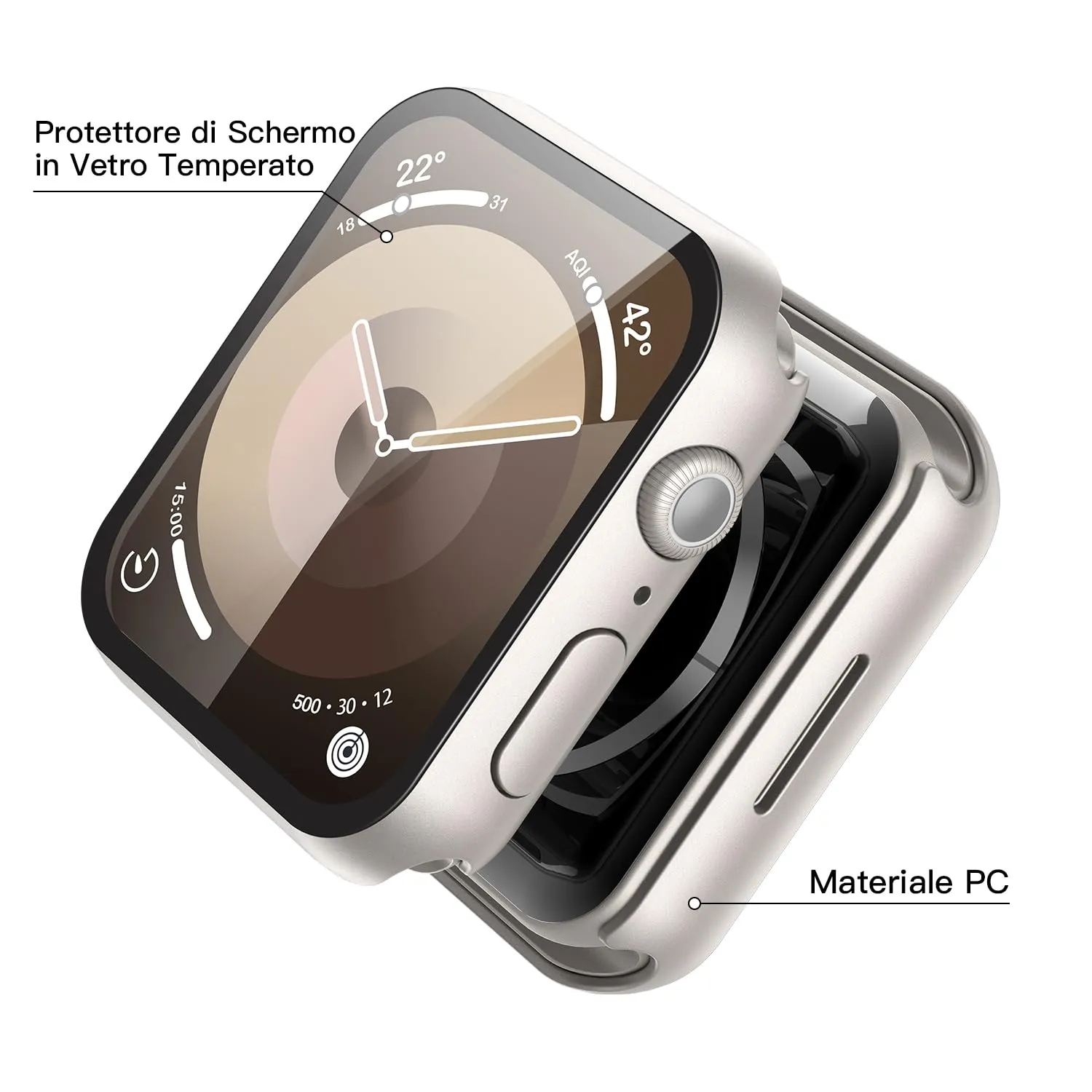 Misxi 2 Pezzi Cover in PC e Vetro Temperato per Apple Watch Serie 9 8 7 41mm, 1 Luce Stellare + 1 Trasparente - immagine 4