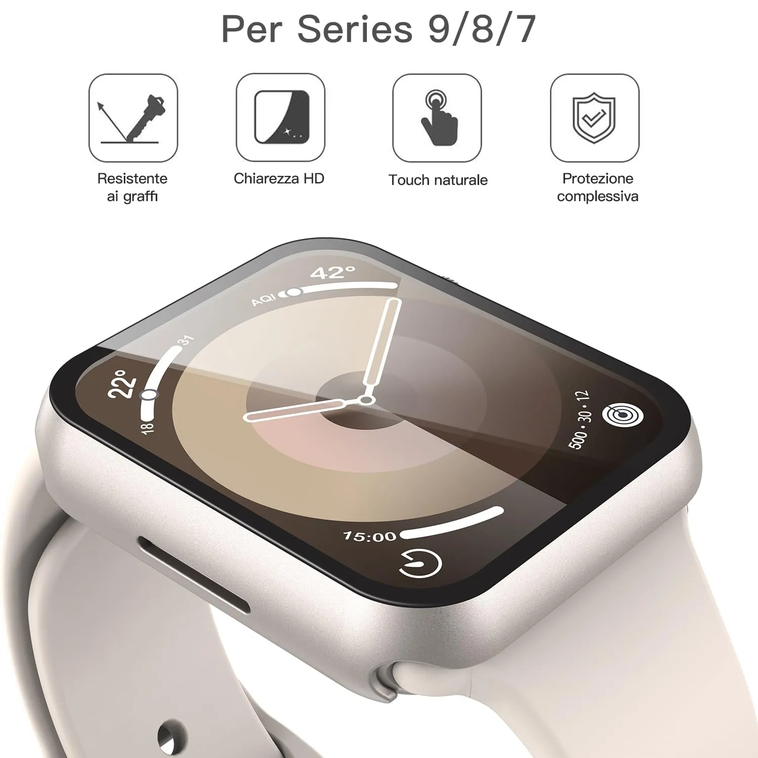 Misxi Cover in PC e Vetro Temperato per Apple Watch Serie 9 8 7 41mm, Luce Stellare (2 Pezzi) - immagine 2
