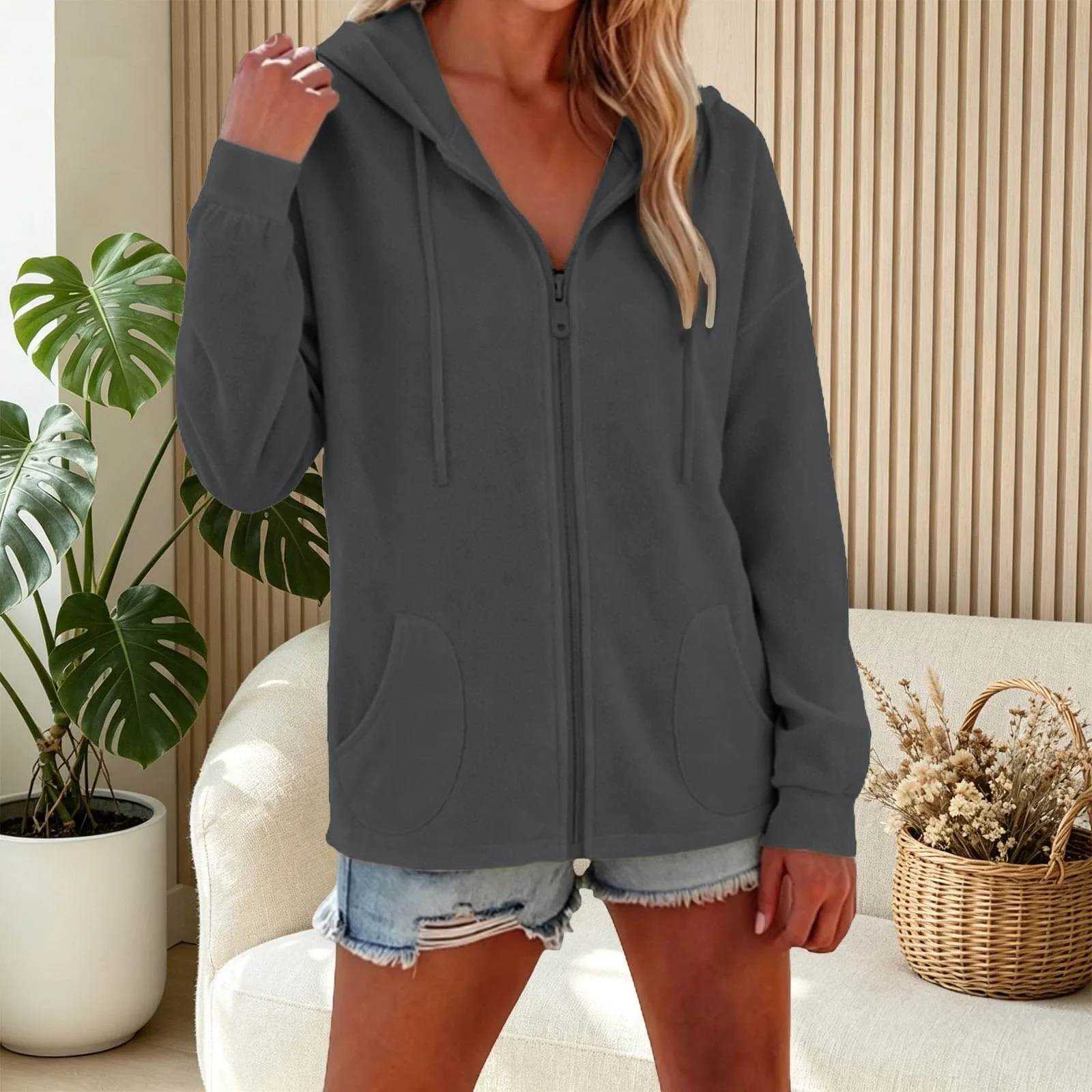 Viunychn Felpa Donna con Zip e Cappuccio in Cotone, Oversize, Grigio Scuro - immagine 4