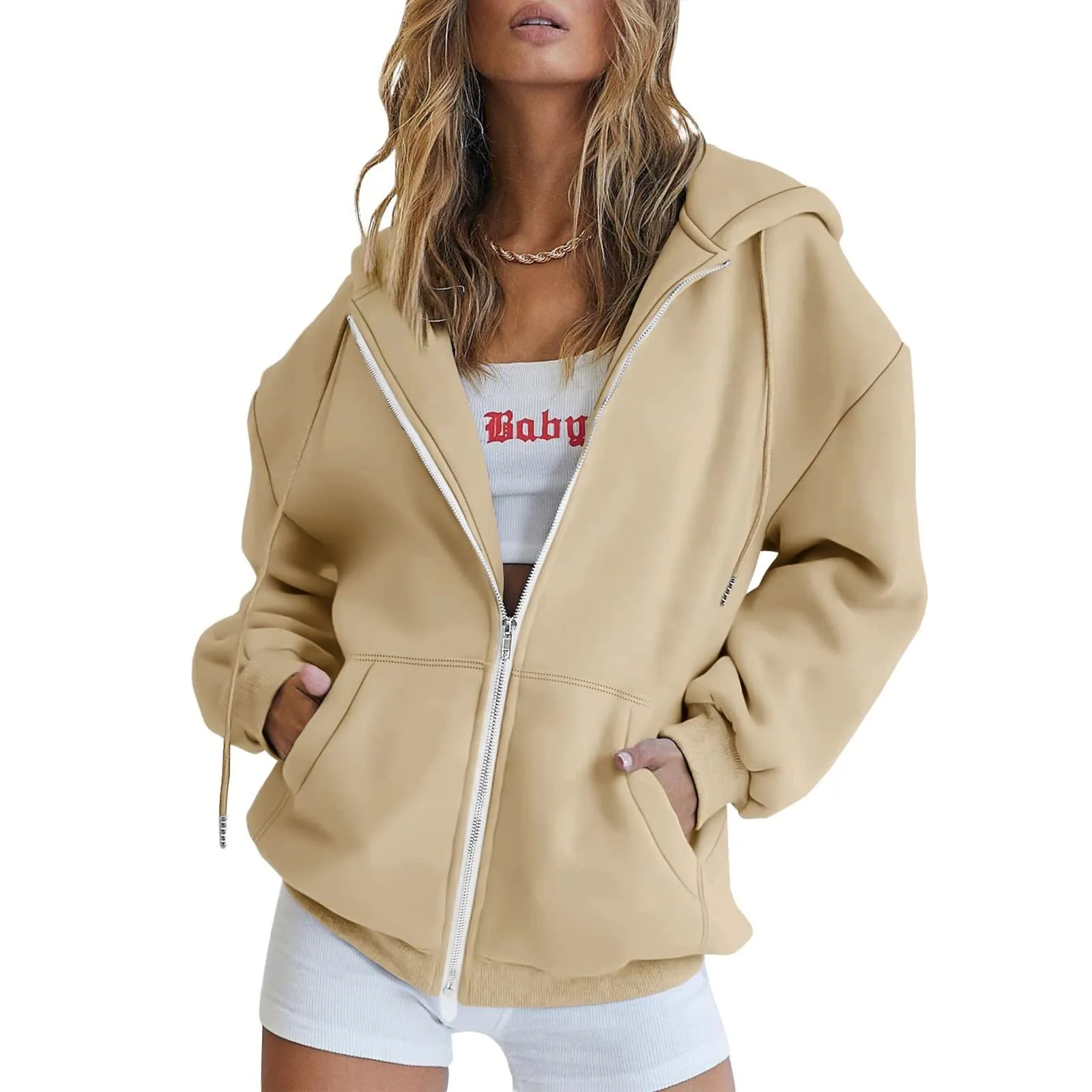Viunychn Felpa Donna con Zip e Cappuccio, Cotone, Oversize, Tinta Unita - immagine 1