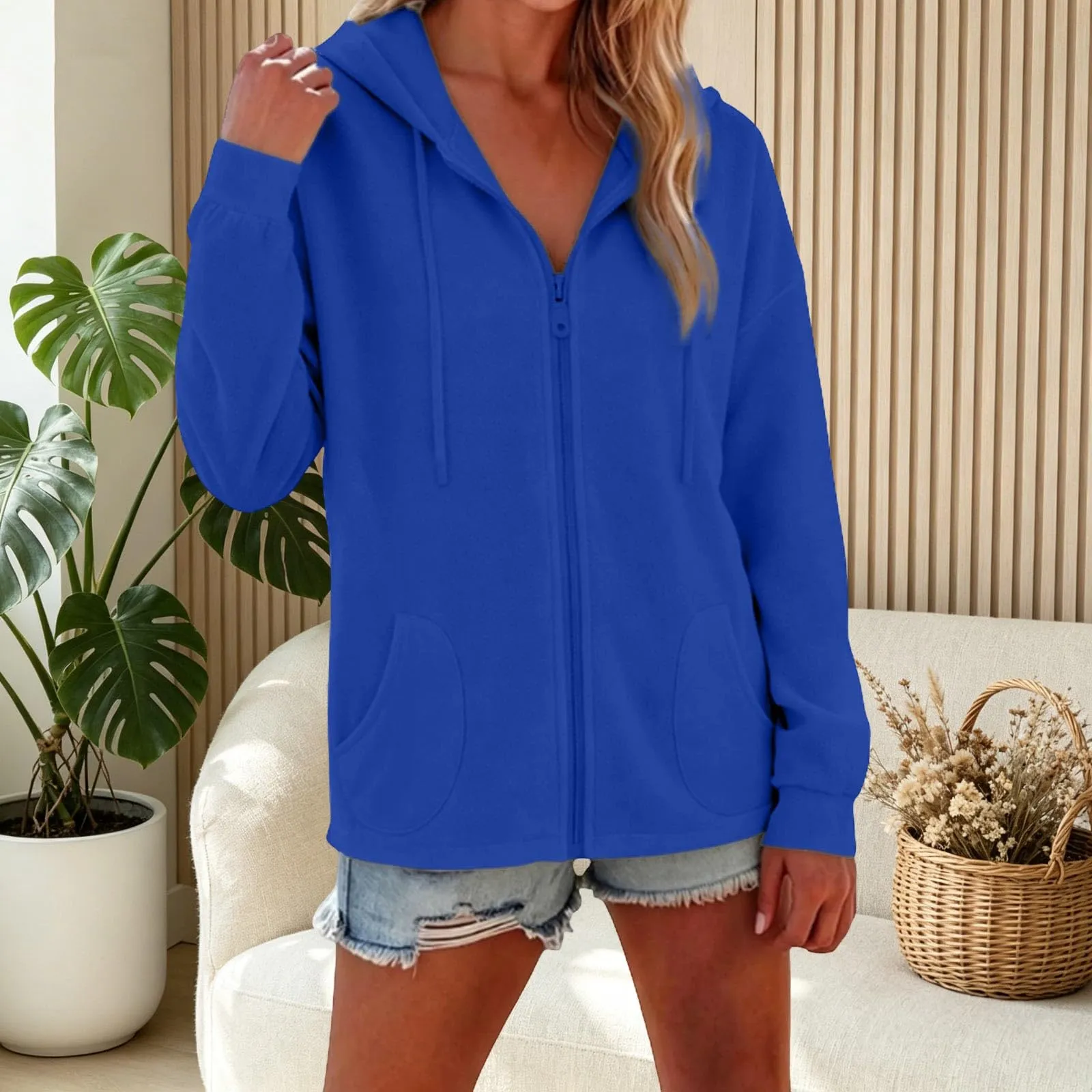 Viunychn Felpa Donna con Zip e Cappuccio in Cotone Oversize Tinta Unita - immagine 4