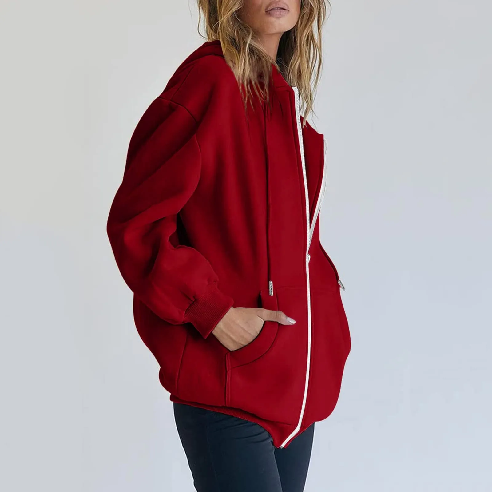 Viunychn Felpa Donna con Zip e Cappuccio in Cotone Oversize Tinta Unita - immagine 4
