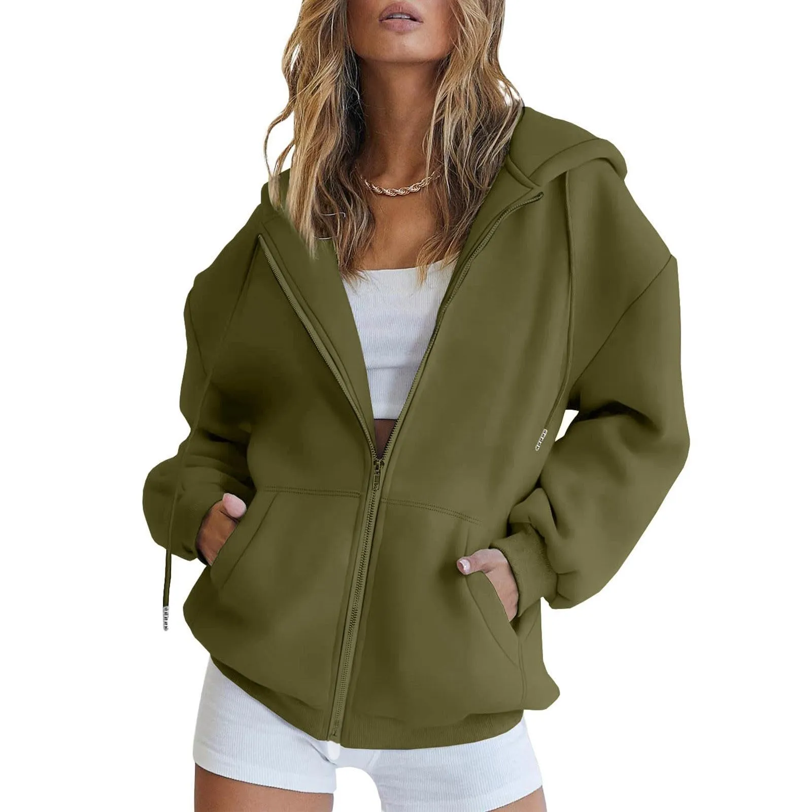 Viunychn Felpa Donna con Zip e Cappuccio in Cotone, Oversize, Tinta Unita - immagine 6