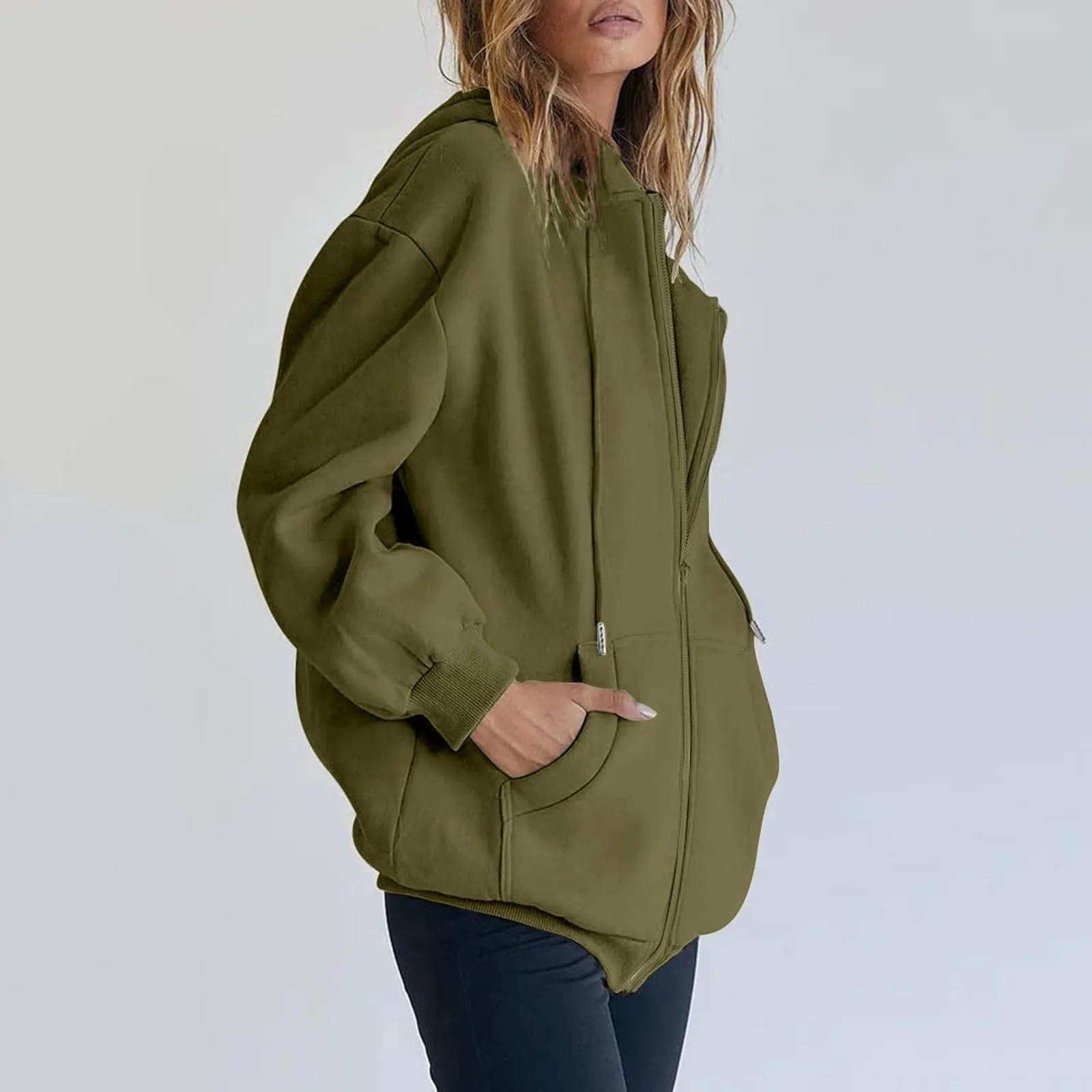 Viunychn Felpa Donna con Zip e Cappuccio in Cotone, Taglio Oversize, Tinta Unita - immagine 4