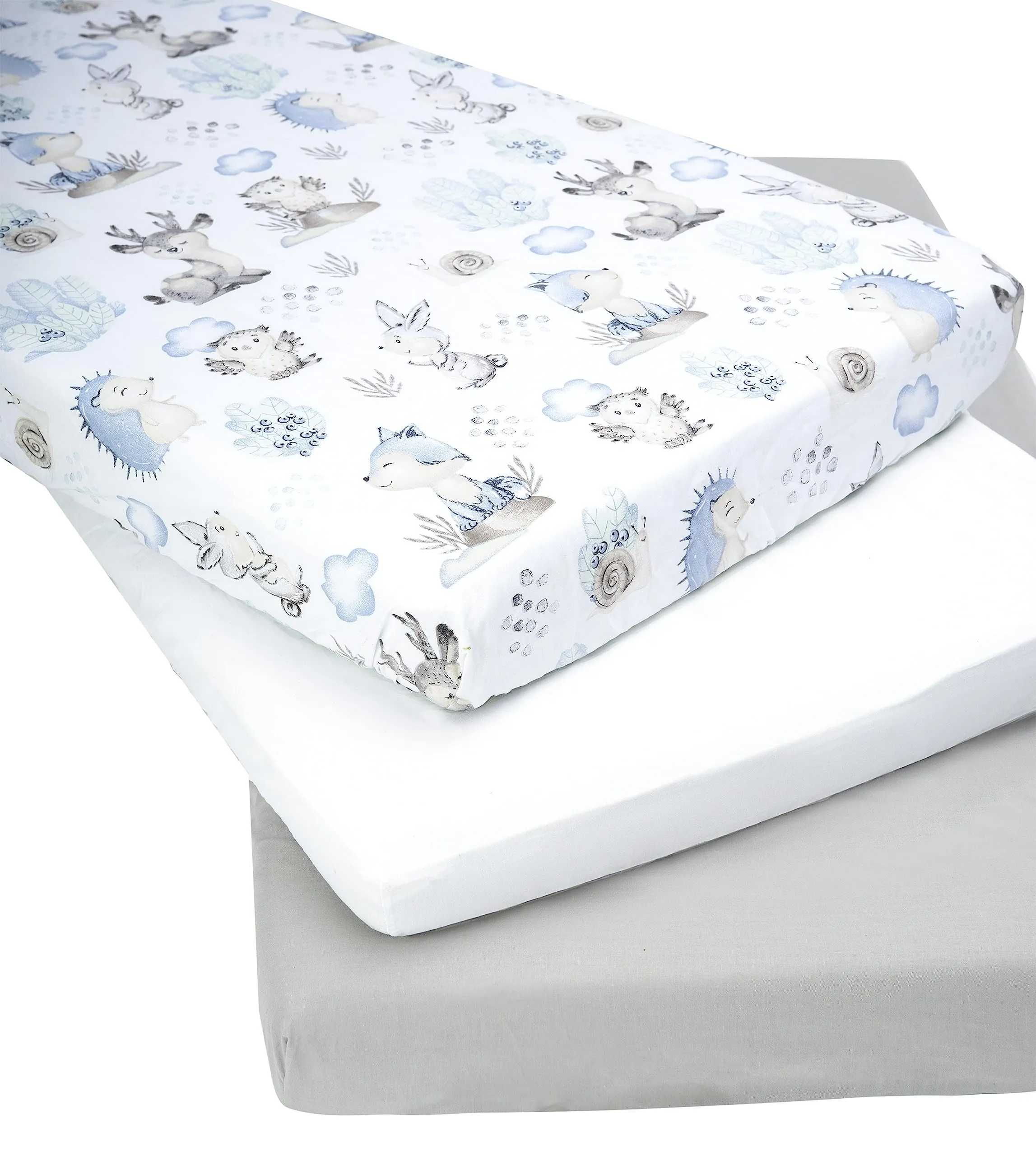 Medi Partners Set di 3 Lenzuolini con Angoli per Lettino Neonato 70x140, 100% Cotone (Cervo E Riccio-Bianco-Grigio) - immagine 2