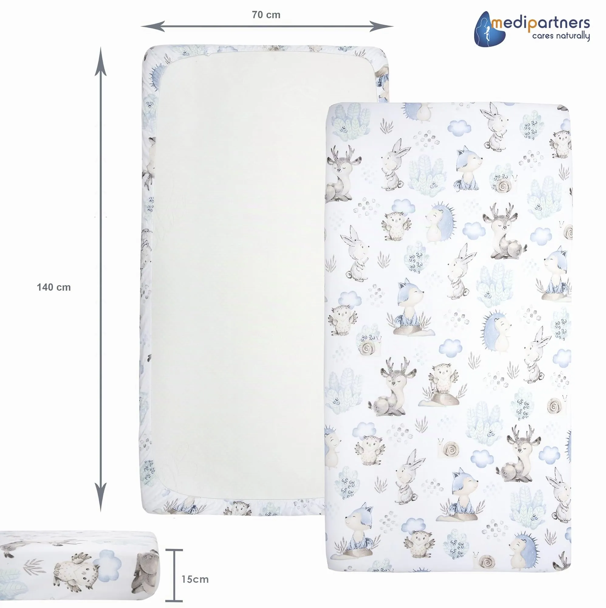 Medi Partners Set di 3 Lenzuolini con Angoli per Lettino Neonato 70x140, 100% Cotone (Cervo E Riccio-Bianco-Grigio) - immagine 4
