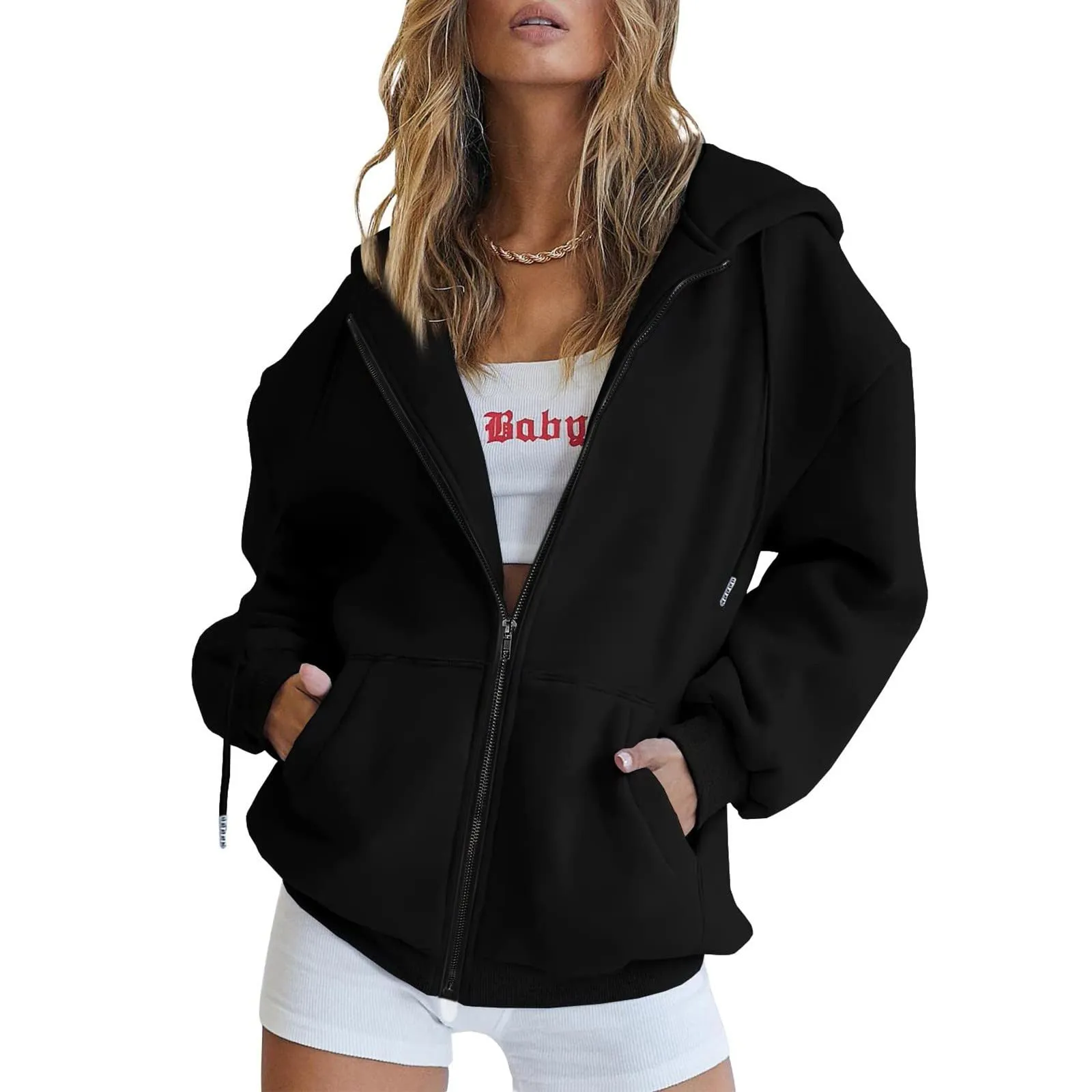 Viunychn Felpa Donna con Zip e Cappuccio in Cotone, Oversize, Tinta Unita - immagine 2