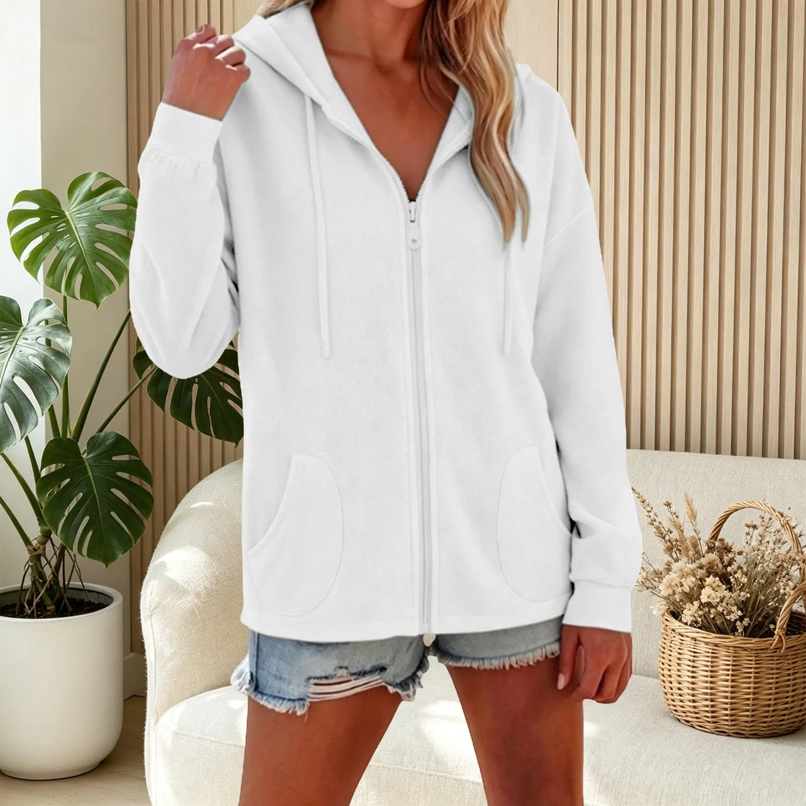 Viunychn Felpa Donna con Zip e Cappuccio in Cotone, Oversize, Tinta Unita - immagine 4