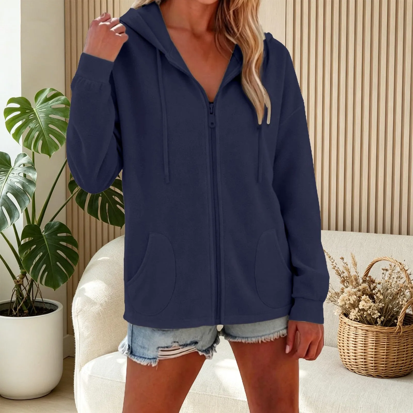 Viunychn Felpa Donna con Zip e Cappuccio in Cotone, Taglio Oversize, Tinta Unita - immagine 3