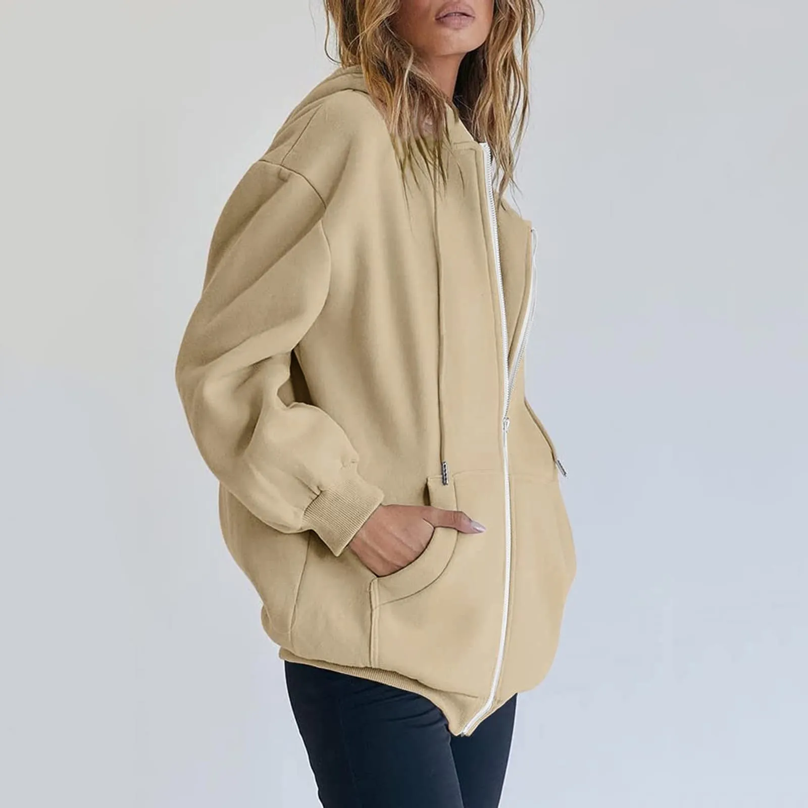 Viunychn Felpa Donna con Zip e Cappuccio in Cotone, Taglio Oversize Tinta Unita - immagine 4