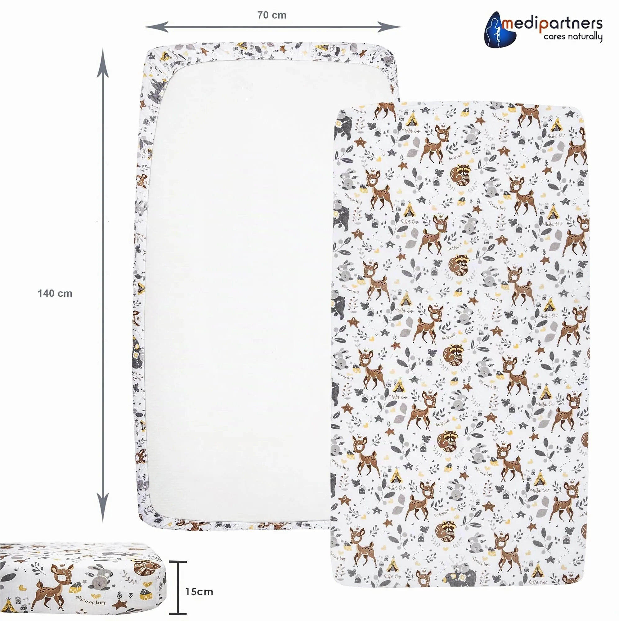 Medi Partners Set di 3 Lenzuola con Angoli per Lettino Neonato 70x140, 100% Cotone (Cervo-Bianco-Grigio) - immagine 4