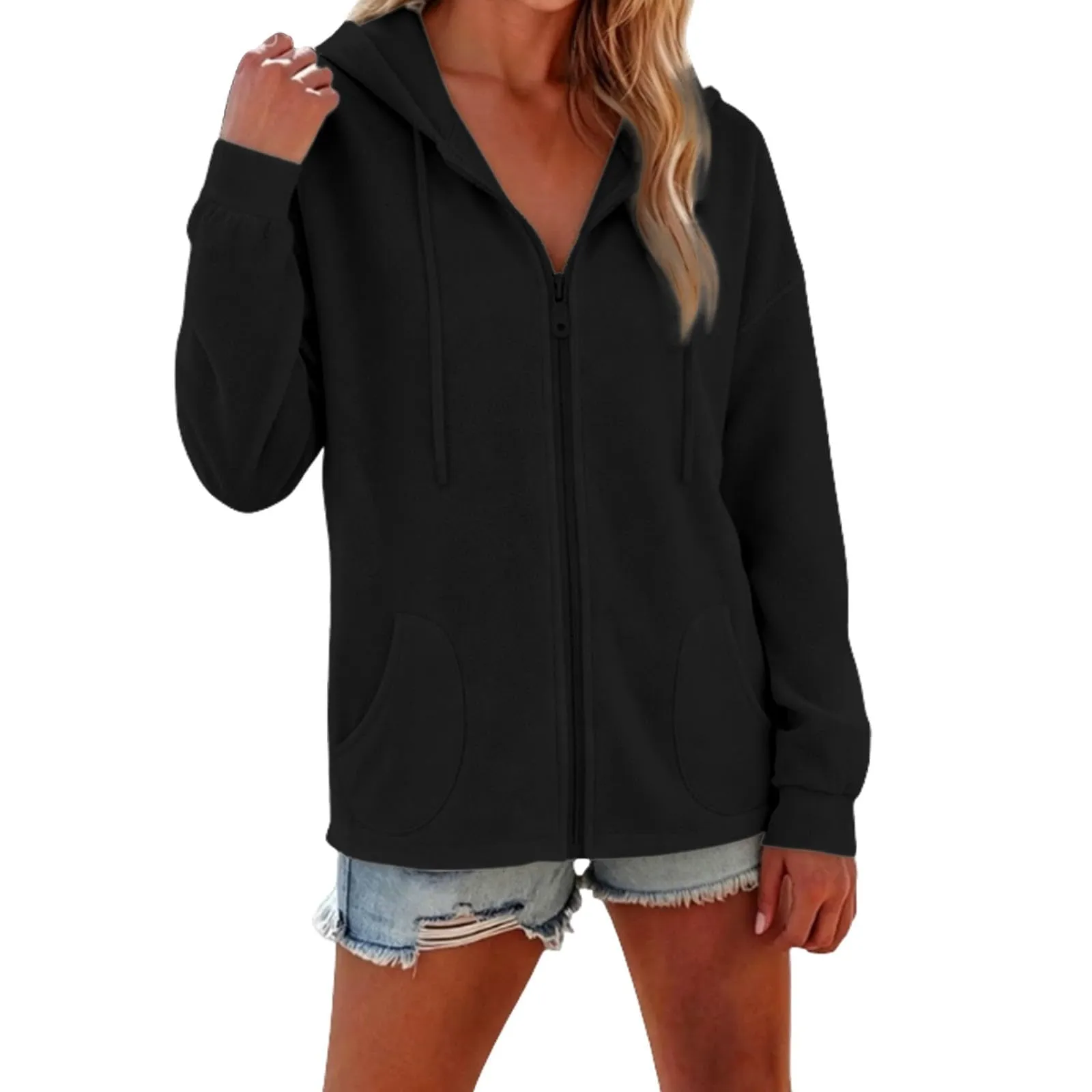 Viunychn Felpa Donna con Zip e Cappuccio in Cotone, Oversize, Tinta Unita - immagine 4