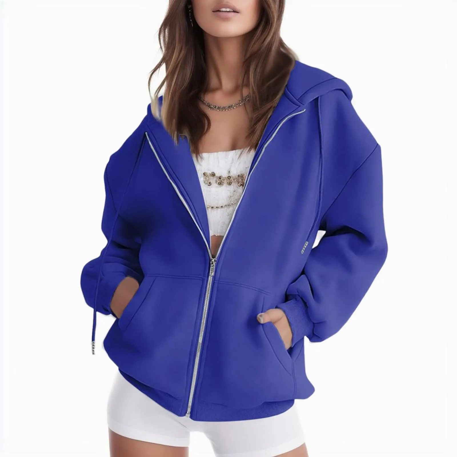 Viunychn Felpa Donna con Zip e Cappuccio in Cotone Oversize Tinta Unita - immagine 2