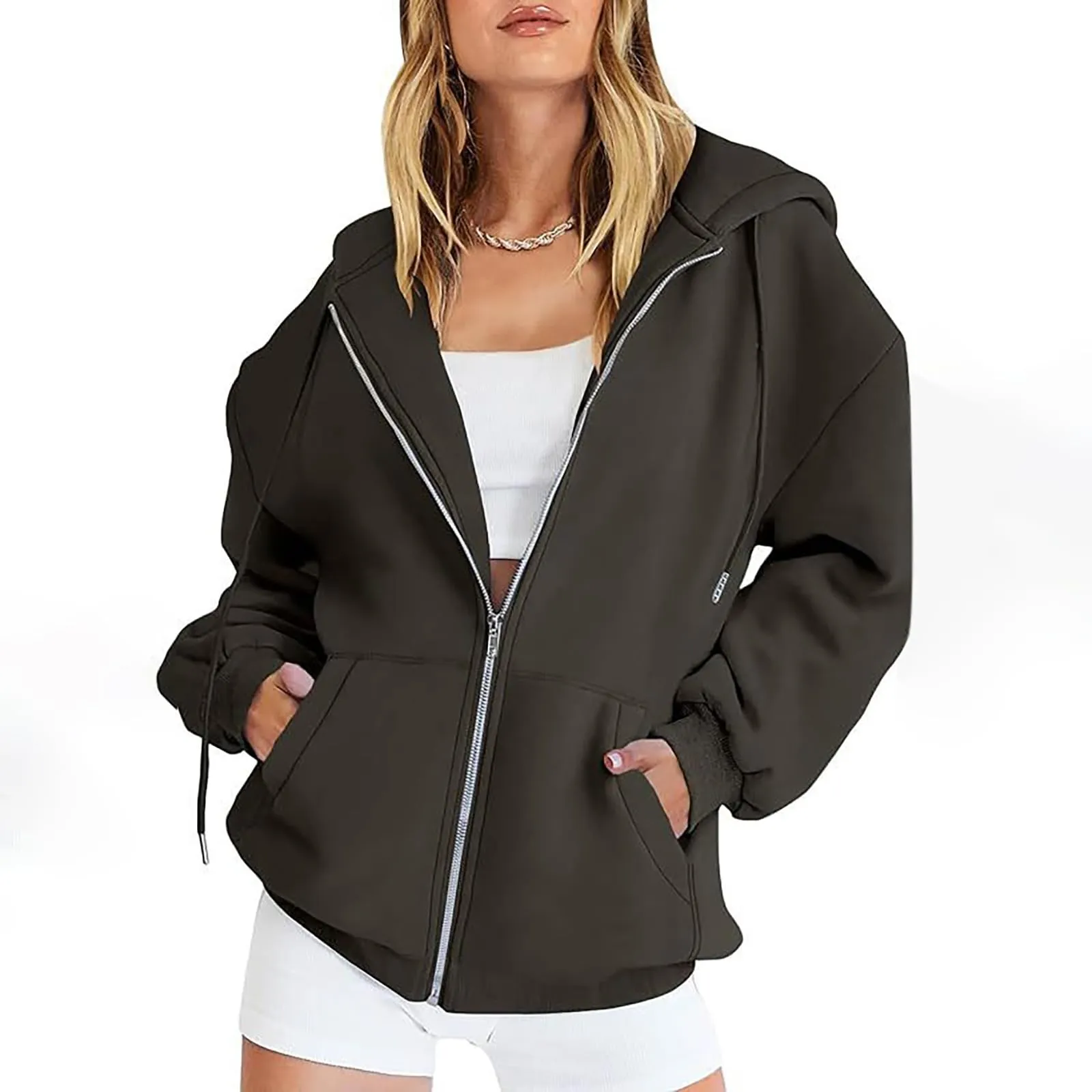 Viunychn Felpa Donna con Zip e Cappuccio in Cotone, Oversize, Tinta Unita - immagine 1