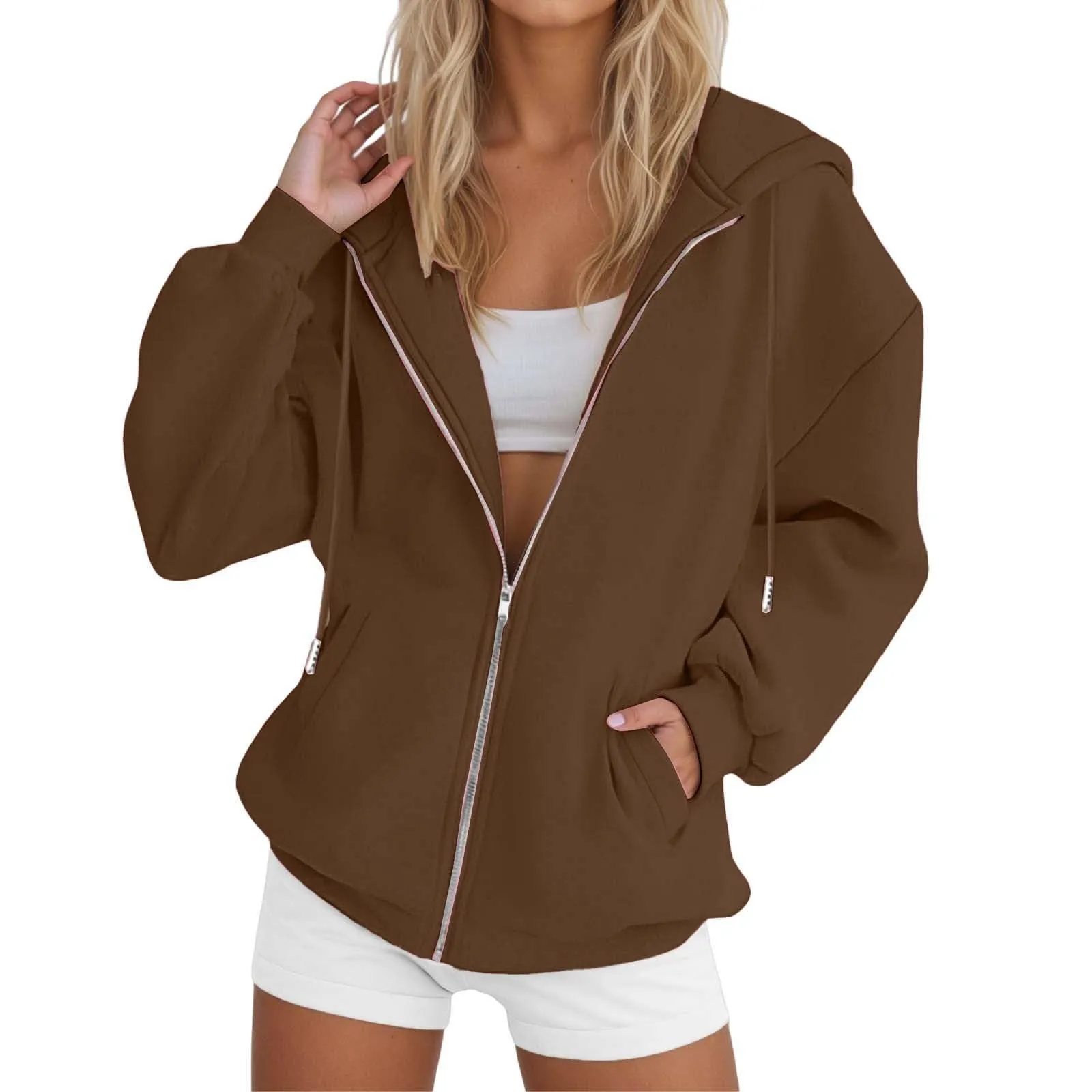 Viunychn Felpa Donna con Zip e Cappuccio, Cotone, Oversize, Tinta Unita - immagine 1