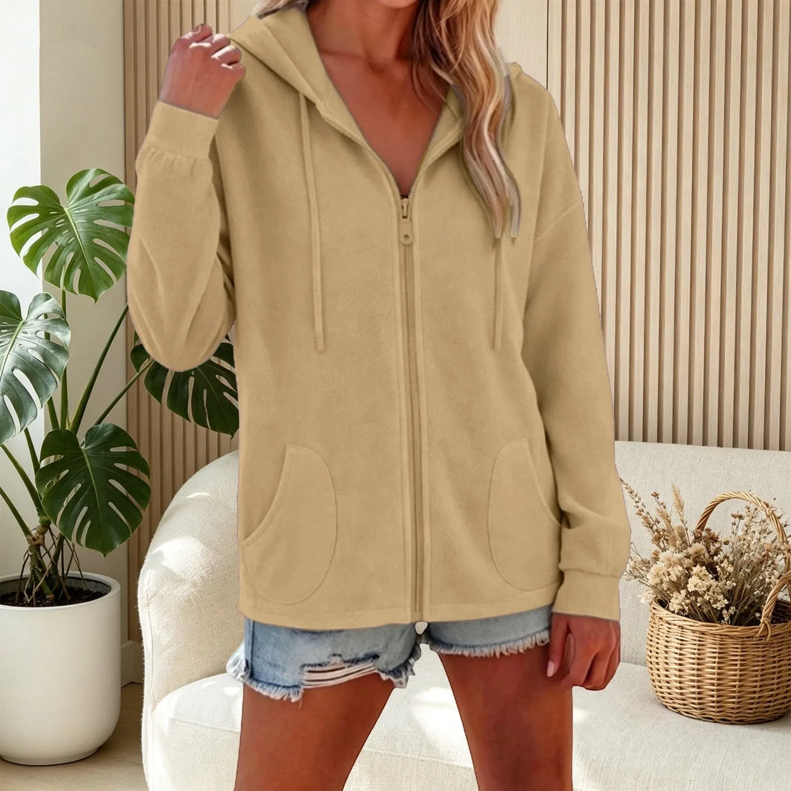 Viunychn Felpa Donna con Zip e Cappuccio in Cotone, Oversize, Tinta Unita - immagine 3