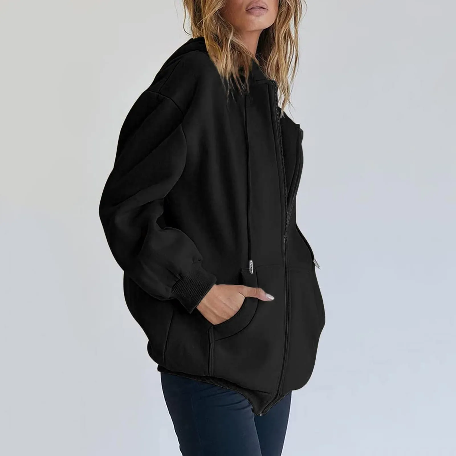 Viunychn Felpa Donna con Zip e Cappuccio in Cotone, Taglio Oversize, Tinta Unita - immagine 4