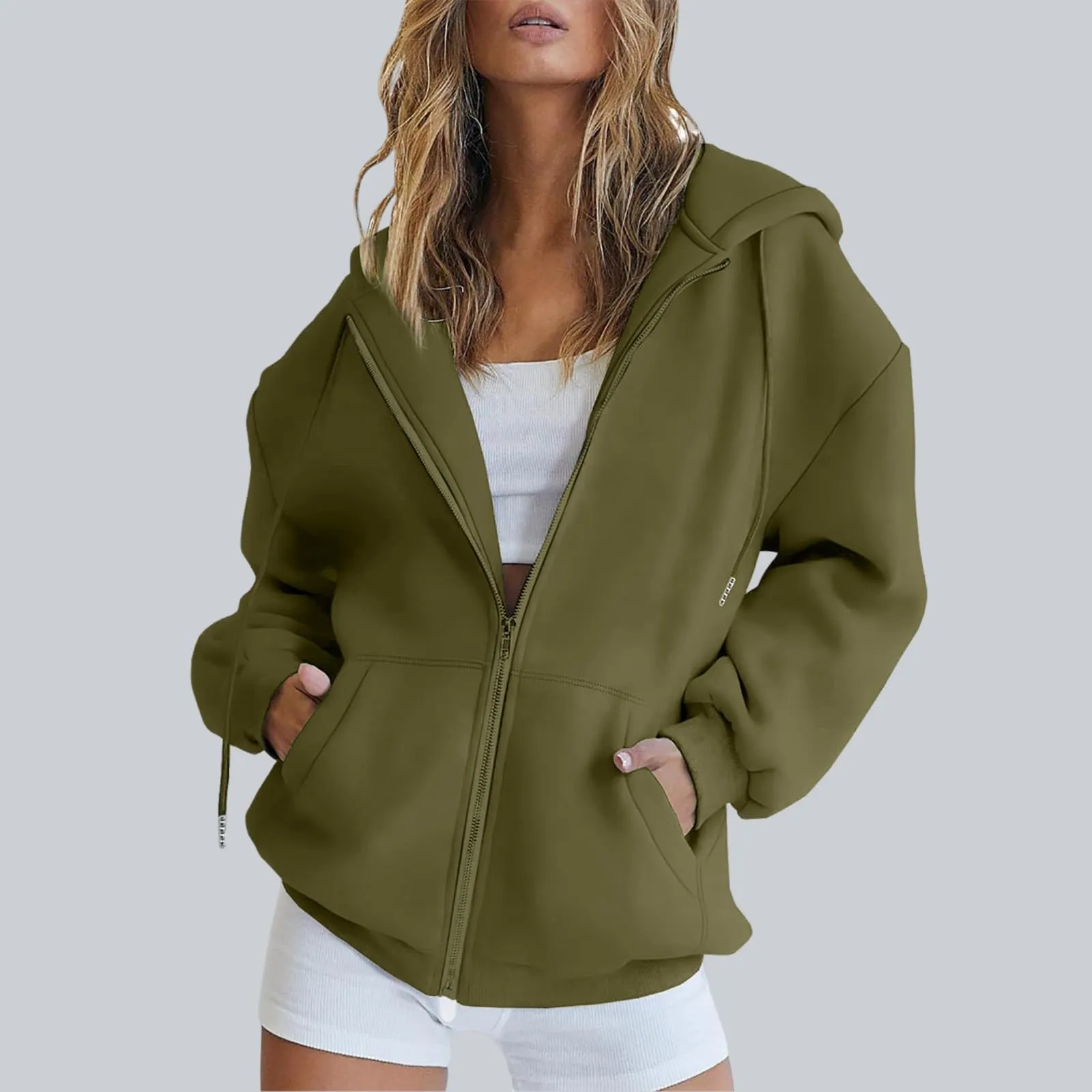 Viunychn Felpa Donna con Zip e Cappuccio in Cotone, Taglio Oversize, Tinta Unita - immagine 2