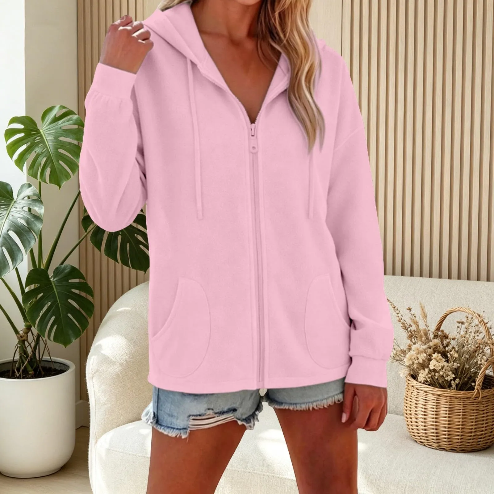 Viunychn Felpa Donna con Zip e Cappuccio in Cotone, Oversize, Tinta Unita - immagine 4