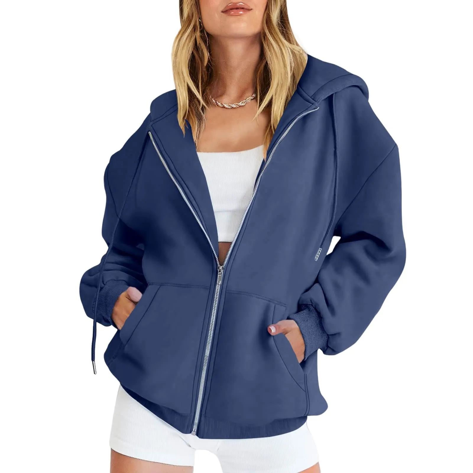 Viunychn Felpa Donna con Zip e Cappuccio in Cotone, Taglio Oversize, Tinta Unita - immagine 1