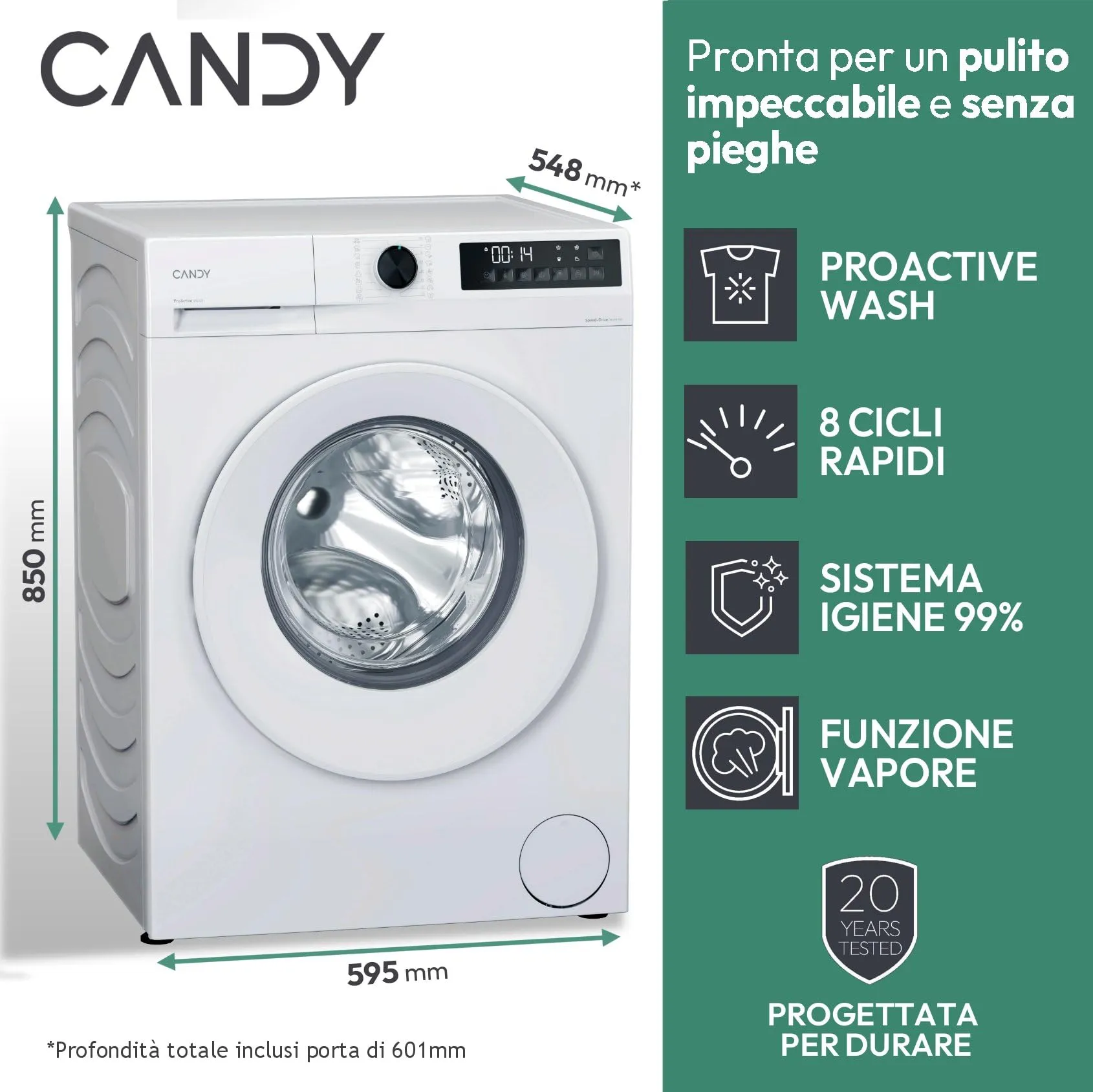 Candy ProWash 300 Lavatrice 10 kg, 1400 Giri, Classe A-20%, Bianca - immagine 3