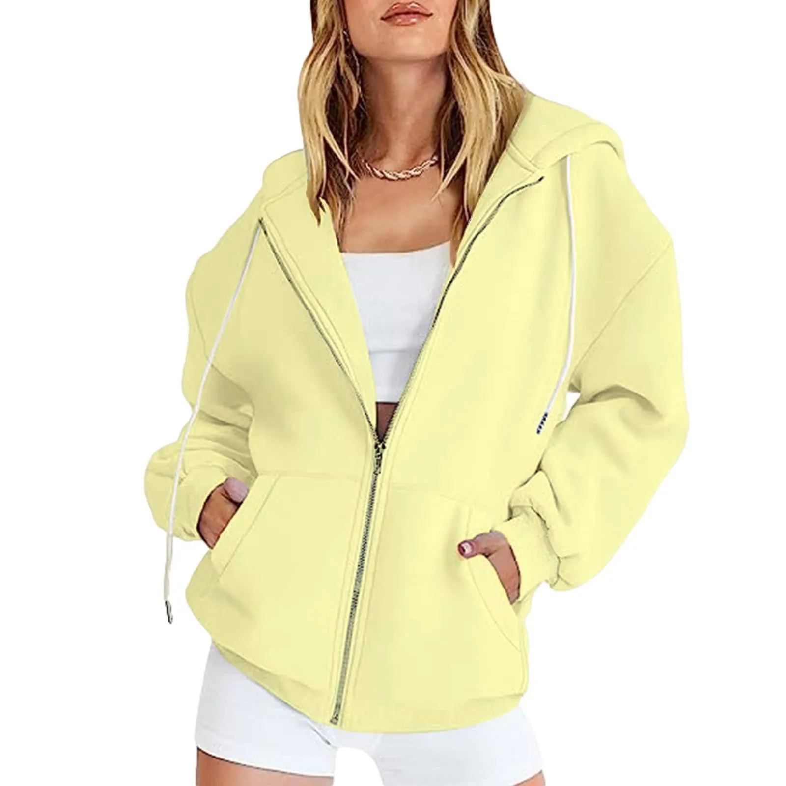 Viunychn Felpa Donna con Zip e Cappuccio, Cotone, Oversize, Tinta Unita - immagine 1
