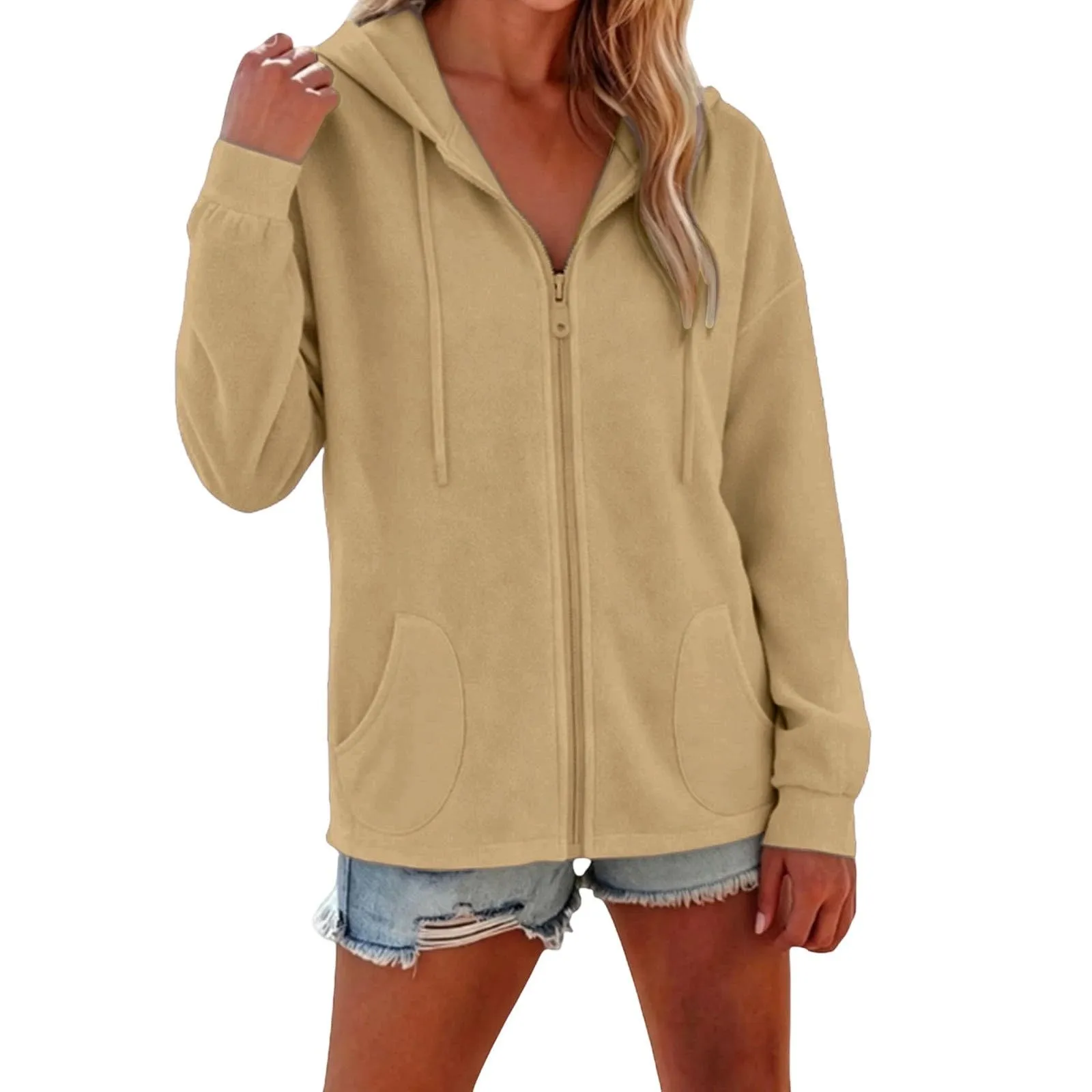 Viunychn Felpa Donna con Zip e Cappuccio, Cotone, Taglia Oversize, Tinta Unita - immagine 2