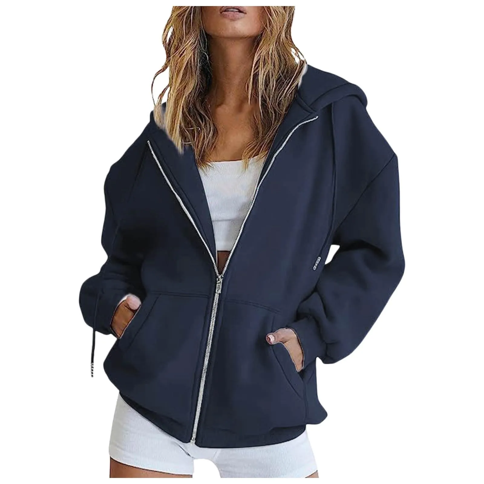 Viunychn Felpa Donna con Zip e Cappuccio in Cotone, Taglia Oversize, Tinta Unita - immagine 2