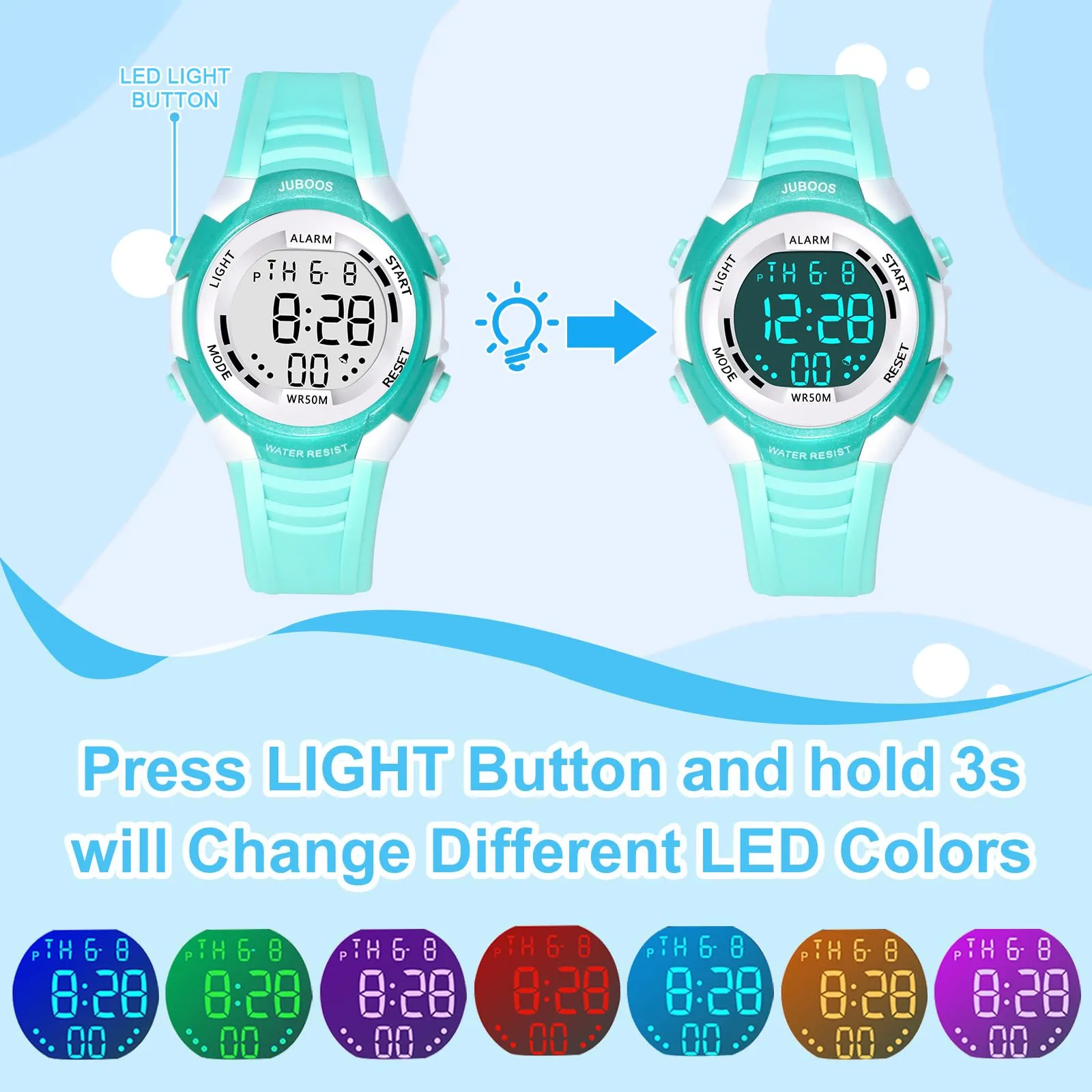 Juboos Orologio Digitale Impermeabile per Bambini, Design Orecchie da Gatto con Luci Colorate, Verde chiaro - bianco - immagine 2