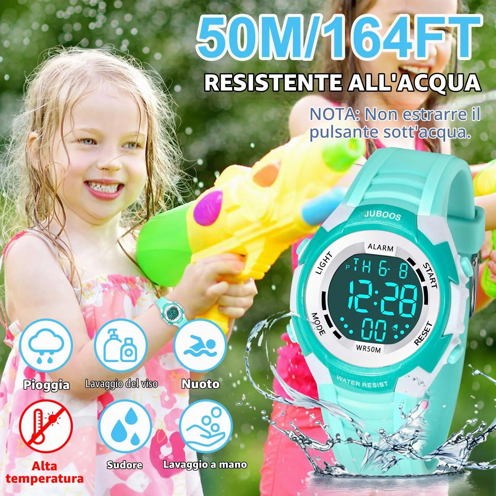 Juboos Orologio Digitale Impermeabile per Bambini, Design Orecchie da Gatto con Luci Colorate, Verde chiaro - bianco - immagine 3