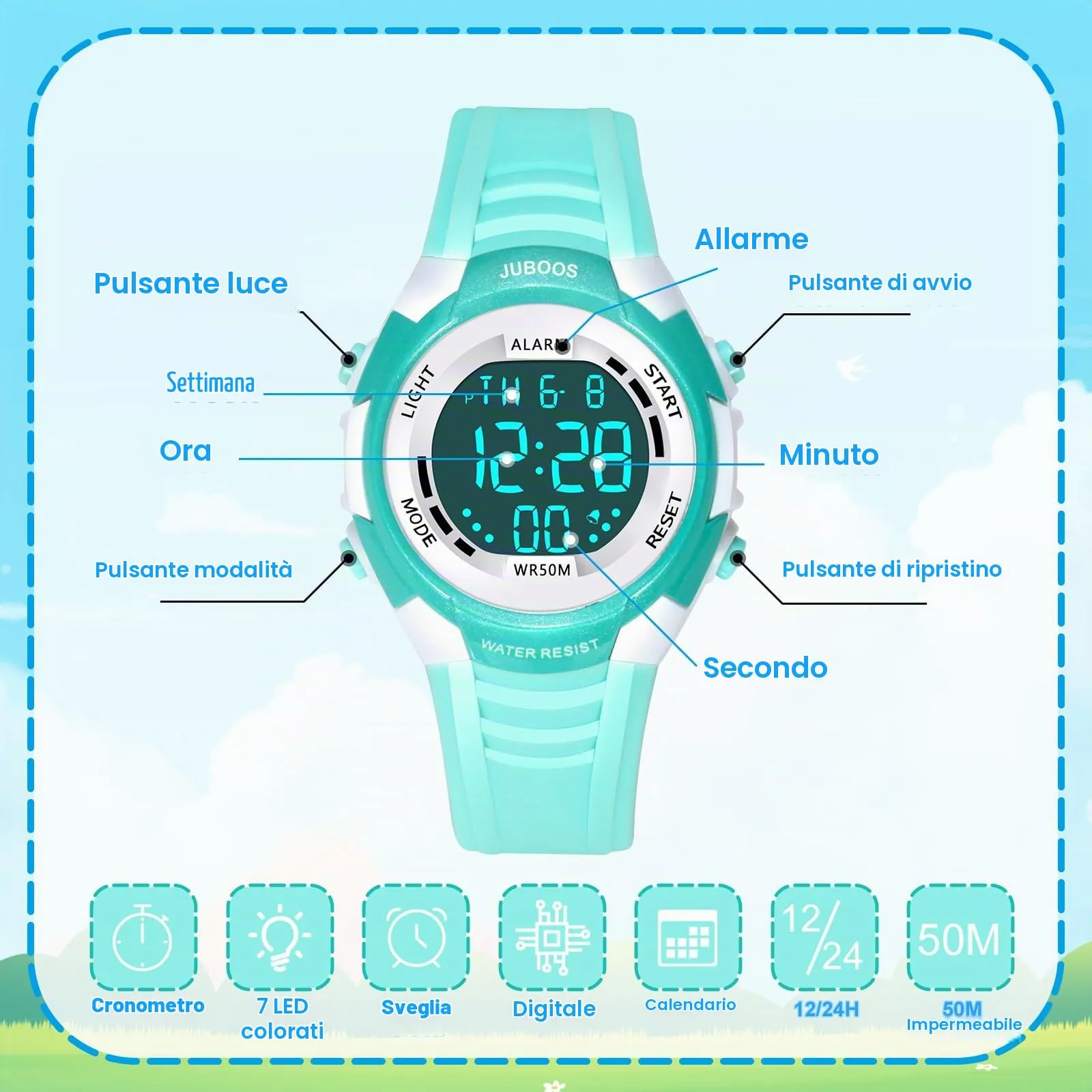 Juboos Orologio Digitale Impermeabile per Bambini, Design Orecchie da Gatto con Luci Colorate, Verde chiaro - bianco - immagine 4