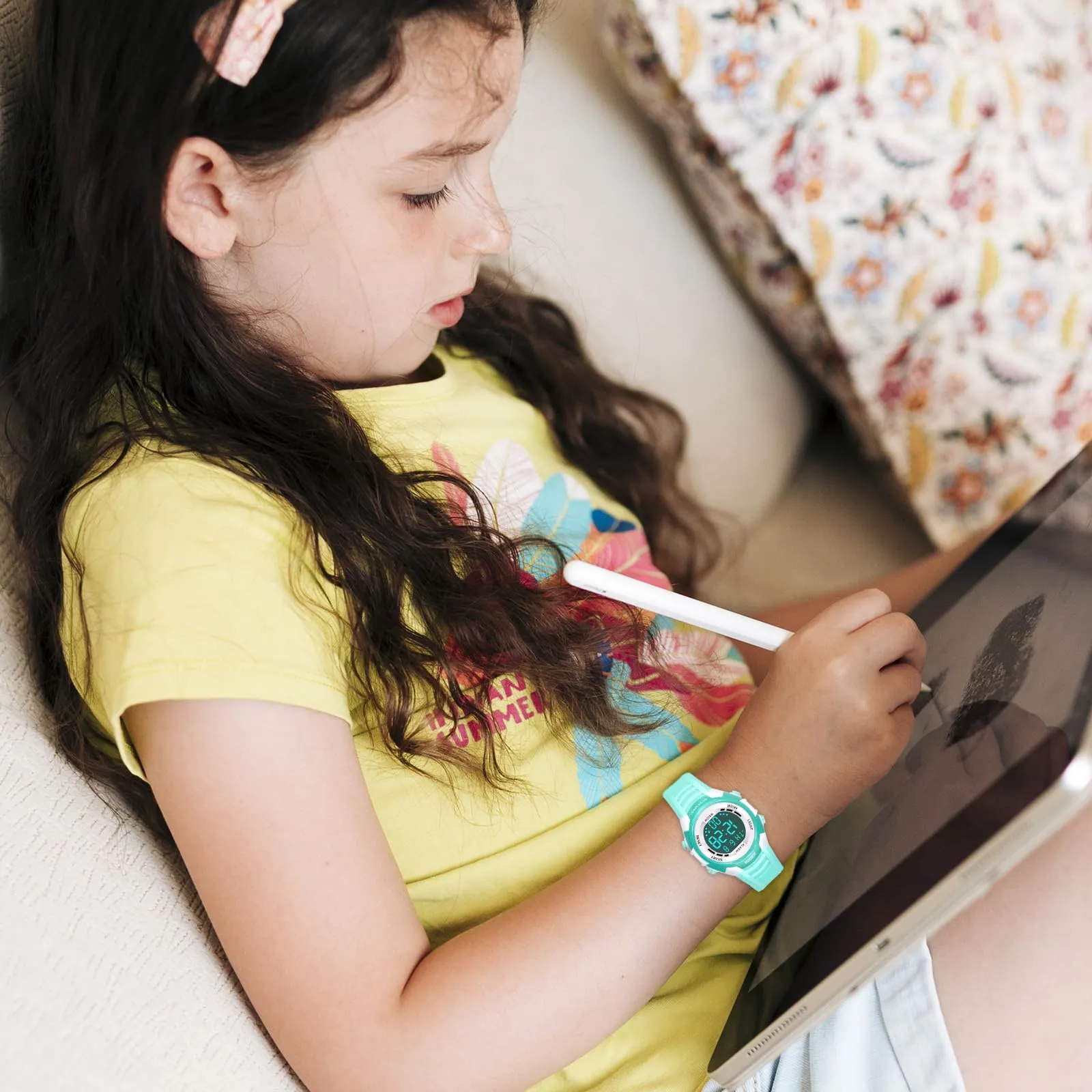 Juboos Orologio Digitale Impermeabile per Bambini, Design Orecchie da Gatto con Luci Colorate, Verde chiaro - bianco - immagine 6