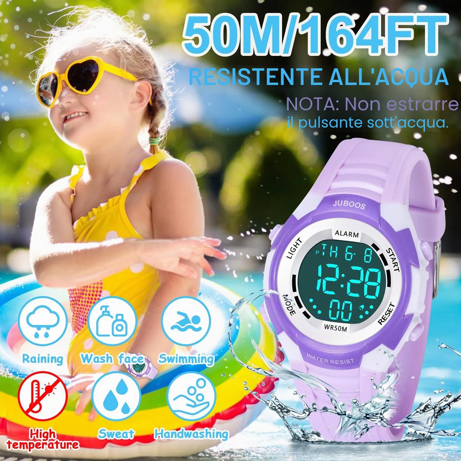 Juboos Orologio Digitale Impermeabile per Bambini con Orecchie da Gatto, Luci Colorate e Cinturino Stampato, 4-12 Anni (Violetta - Bianco) - immagine 2