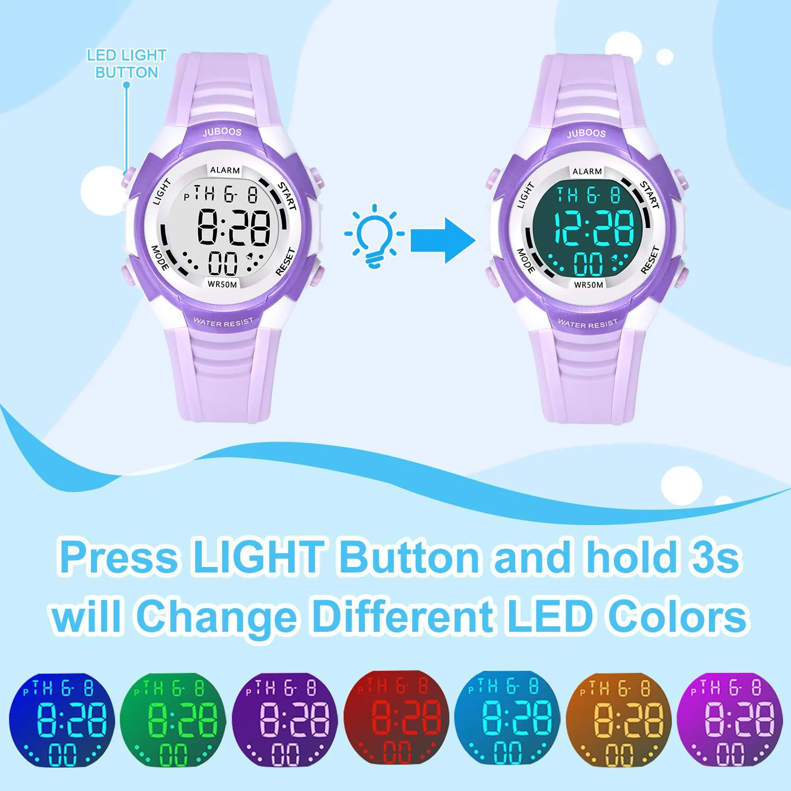 Juboos Orologio Digitale Impermeabile per Bambini con Orecchie da Gatto, Luci Colorate e Cinturino Stampato, 4-12 Anni (Violetta - Bianco) - immagine 3