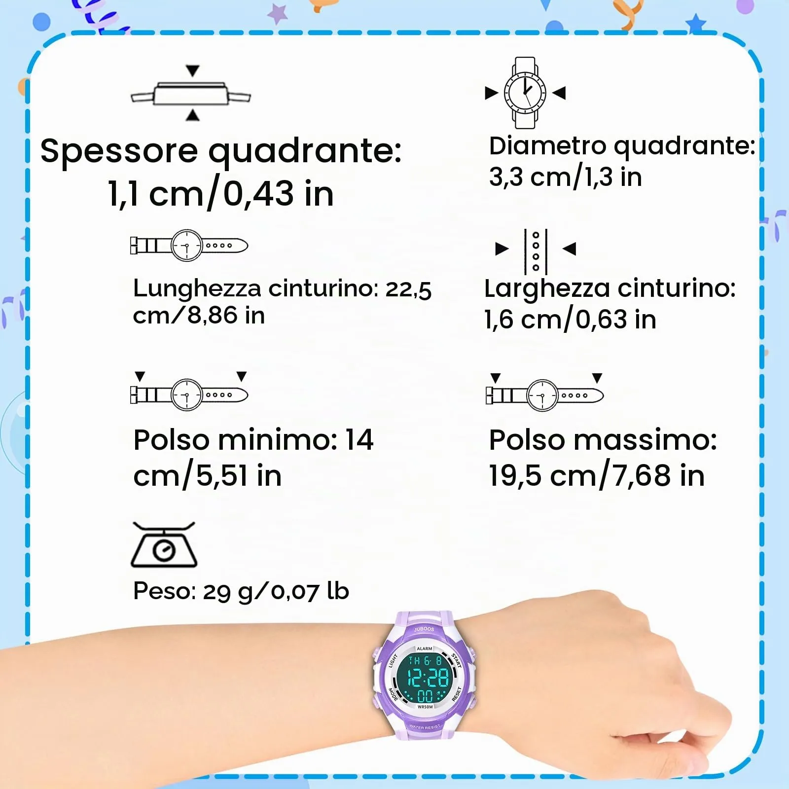 Juboos Orologio Digitale Impermeabile per Bambini con Orecchie da Gatto, Luci Colorate e Cinturino Stampato, 4-12 Anni (Violetta - Bianco) - immagine 4