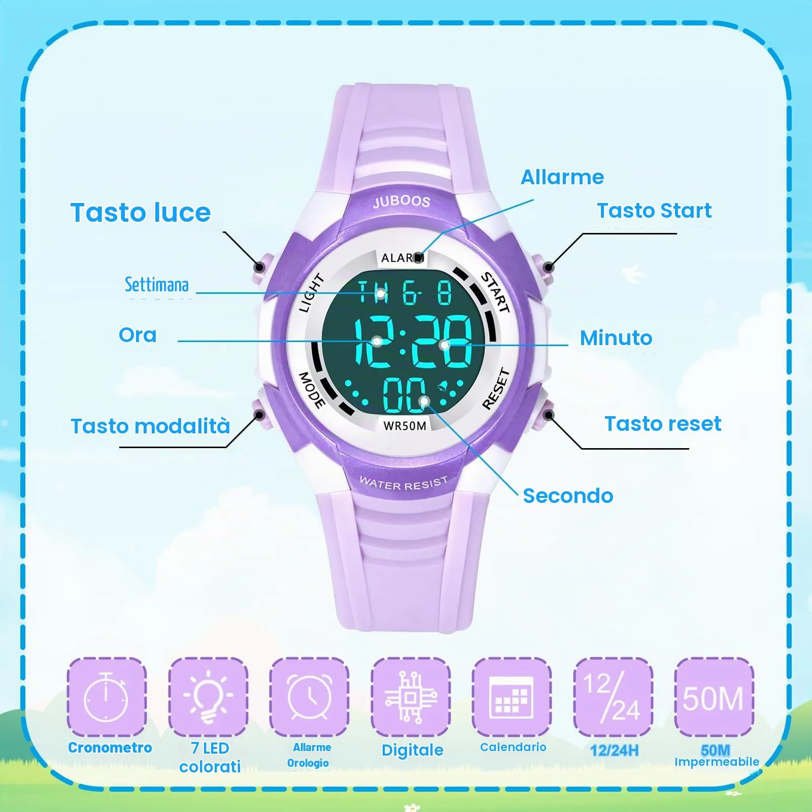 Juboos Orologio Digitale Impermeabile per Bambini con Orecchie da Gatto, Luci Colorate e Cinturino Stampato, 4-12 Anni (Violetta - Bianco) - immagine 5