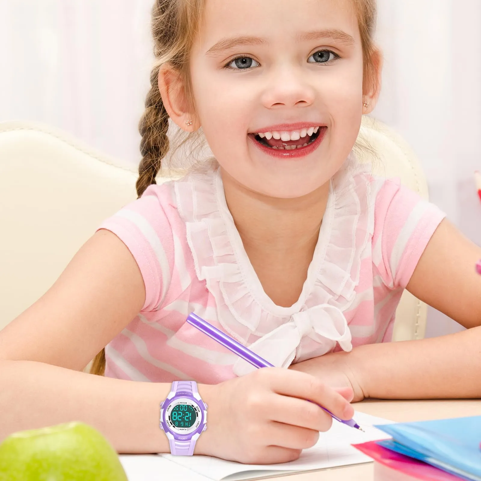 Juboos Orologio Digitale Impermeabile per Bambini con Orecchie da Gatto, Luci Colorate e Cinturino Stampato, 4-12 Anni (Violetta - Bianco) - immagine 6