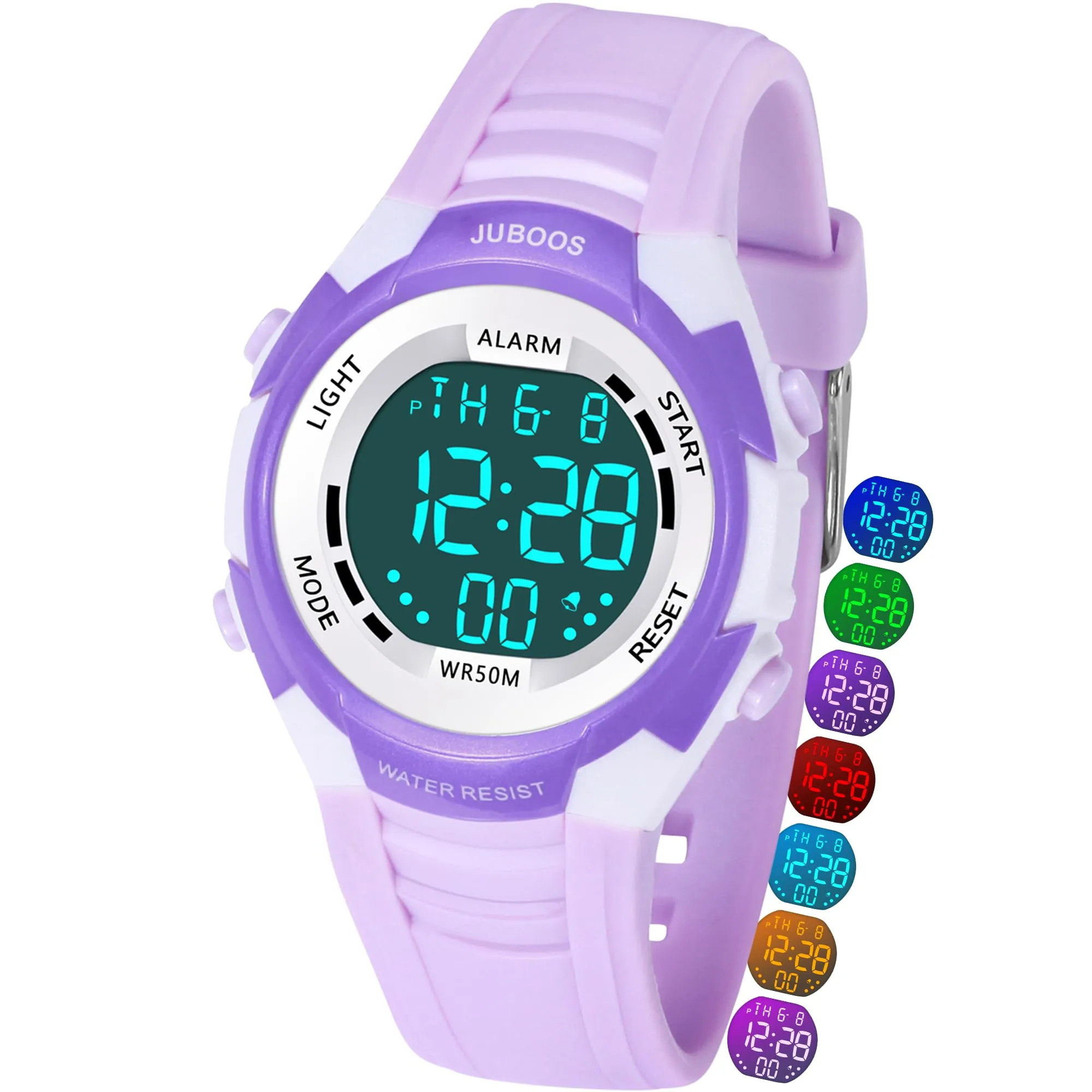Juboos Orologio Digitale Impermeabile per Bambini con Orecchie da Gatto, Luci Colorate e Cinturino Stampato, 4-12 Anni (Violetta - Bianco) - immagine 7