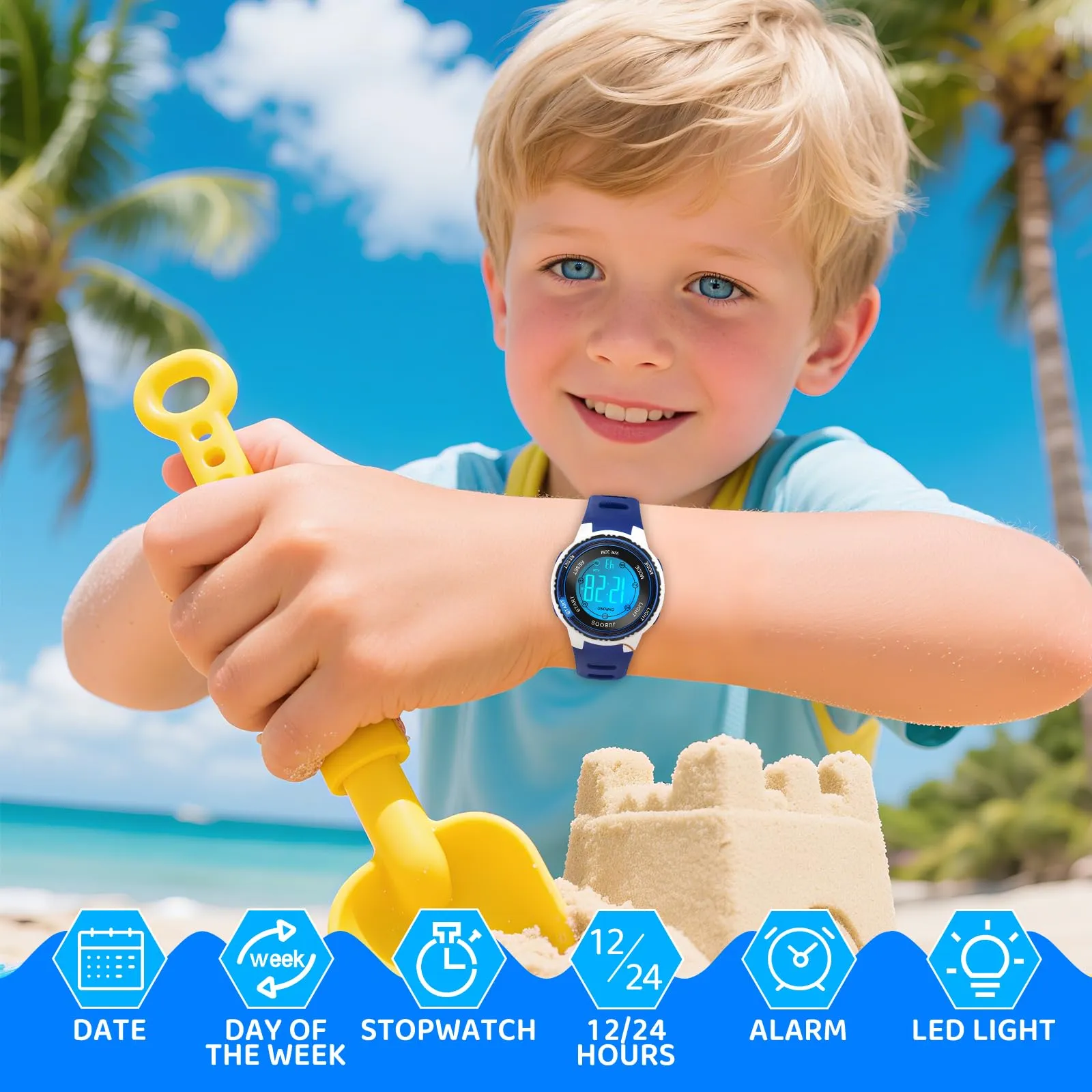Juboos Orologio Digitale Impermeabile per Bambini con Orecchie da Gatto e 7 Luci Colorate, Blu Scuro - immagine 2