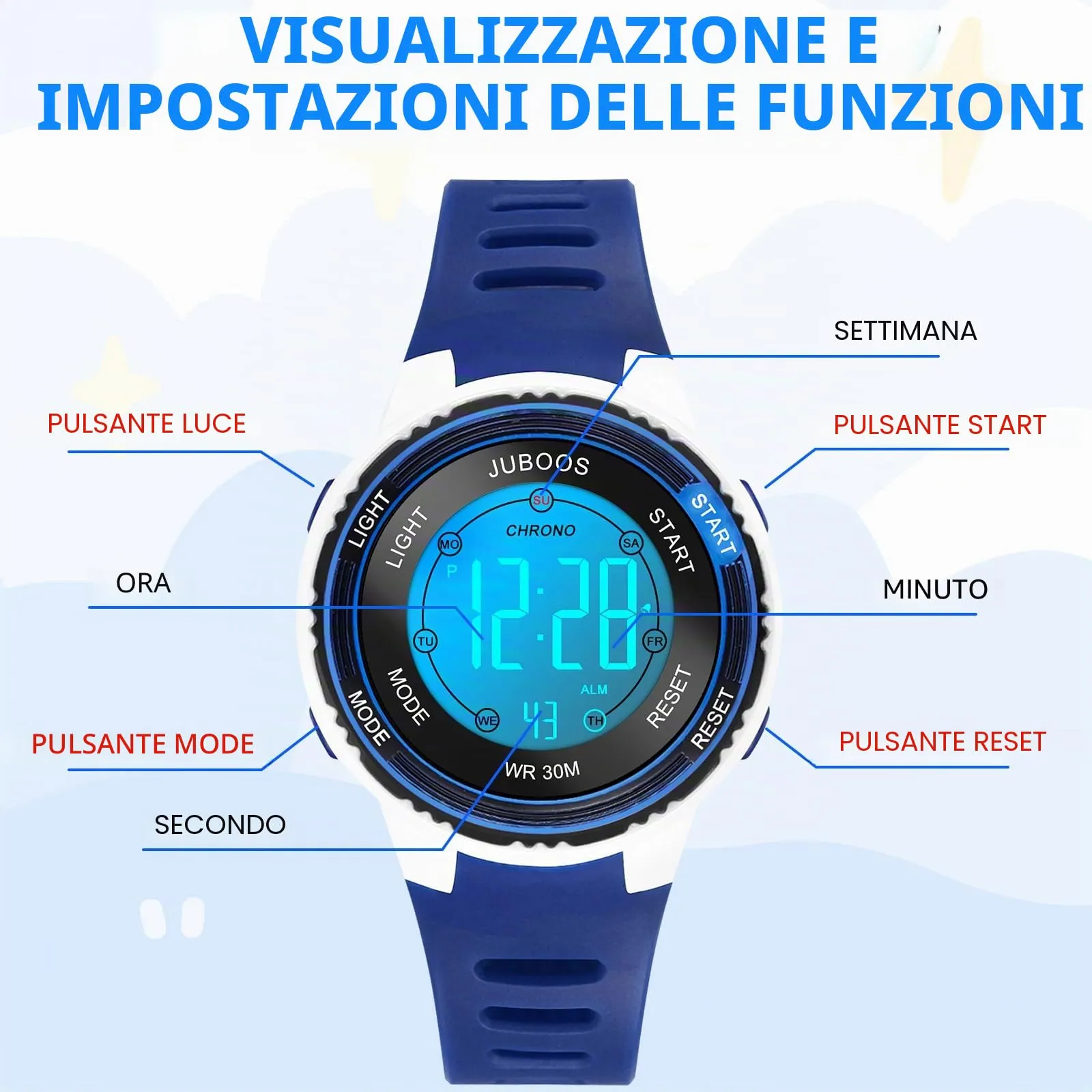 Juboos Orologio Digitale Impermeabile per Bambini con Orecchie da Gatto e 7 Luci Colorate, Blu Scuro - immagine 4